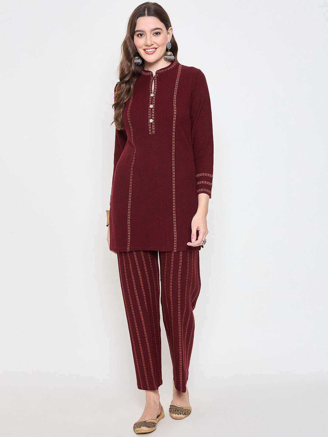 

Knitstudio Printed Pure Wool Kurti With Trouser, Maroon