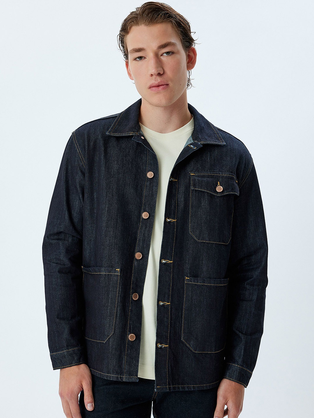 

Koton Men Spread Collar Washed Solid Cotton Casual Denim Jacket, Black