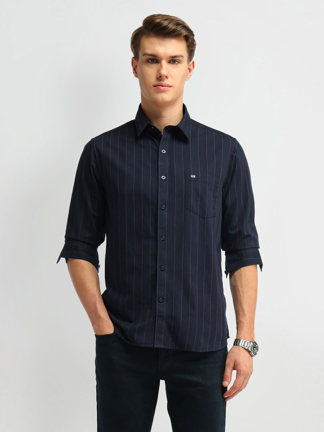 

Arrow Sport Men Classic Tailored Fit Opaque Striped Formal Shirt, Navy blue