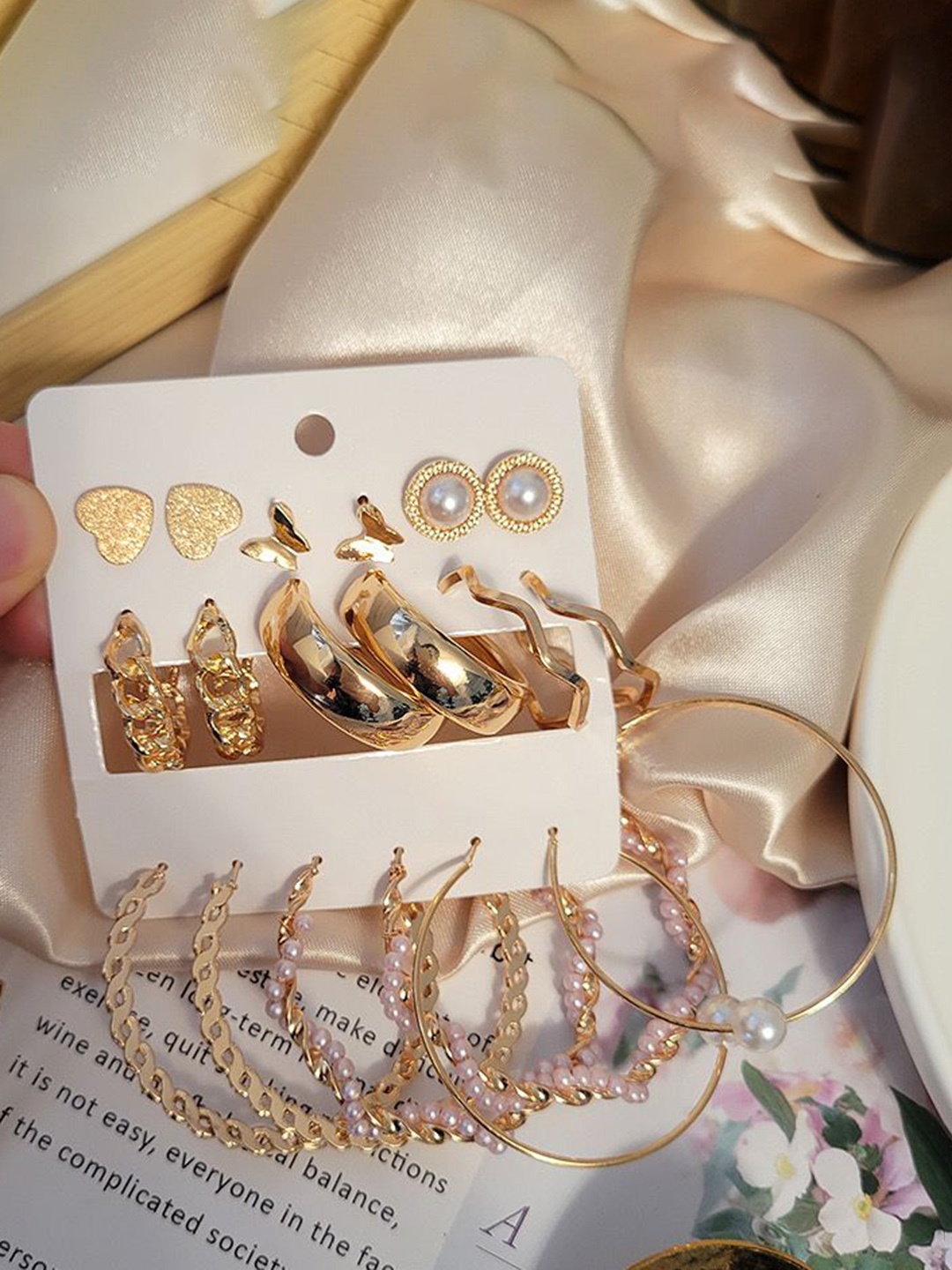 

DESTINY JEWELS Set Of 9 Gold Plated Contemporary Hoop Earrings & Studs