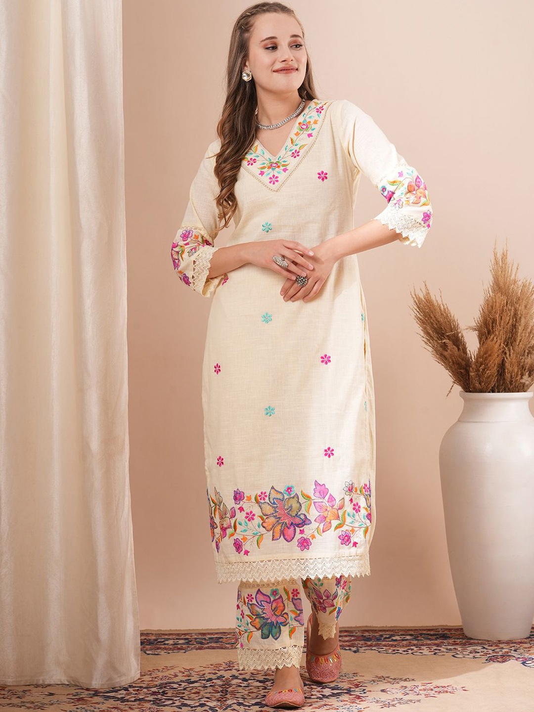 

FASHOR Embroidered Pure Cotton Top With Trouser Co-Ords, Off white