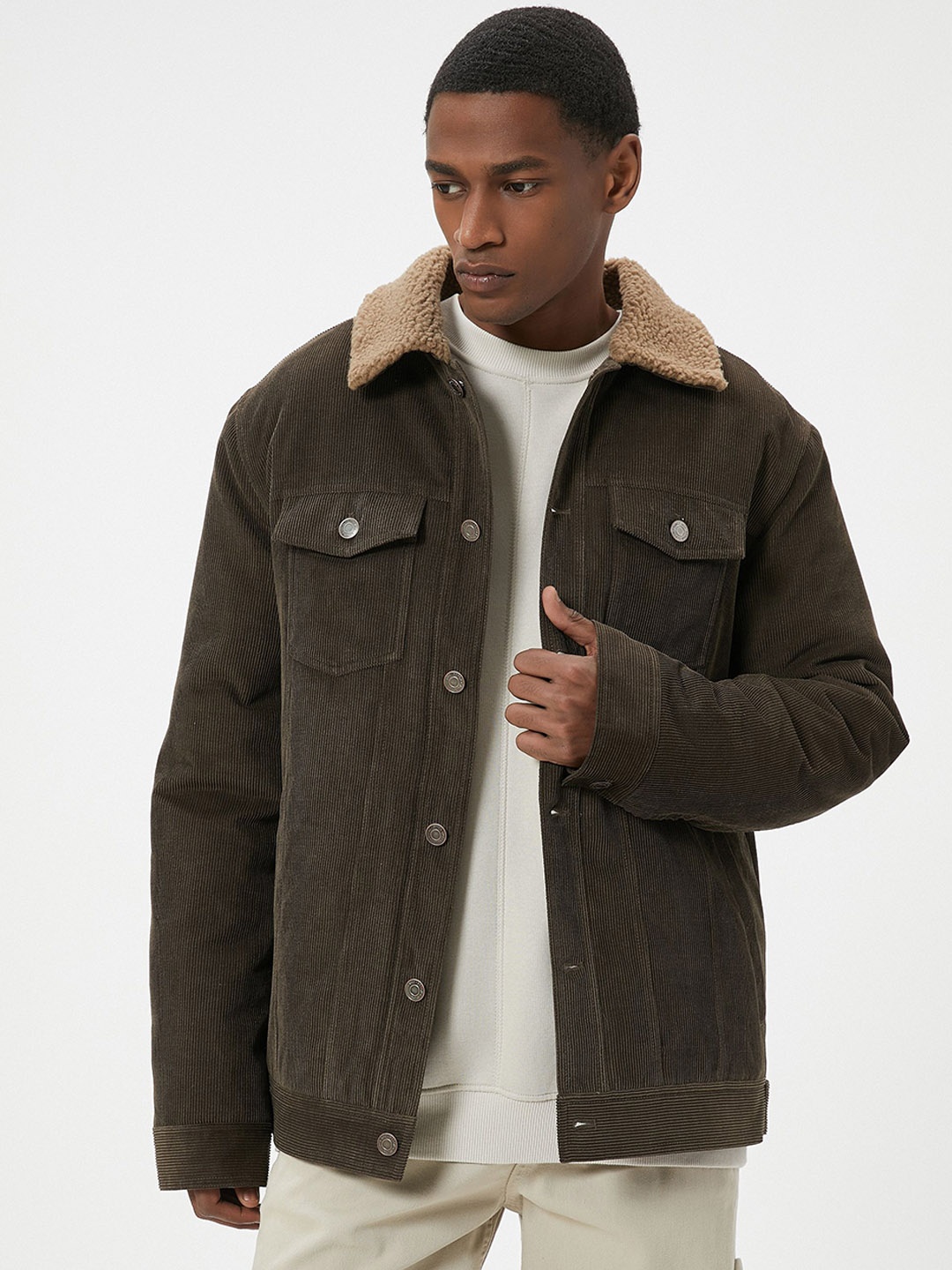 

Koton Men Spread Collar Washed Solid Casual Denim Jacket, Brown