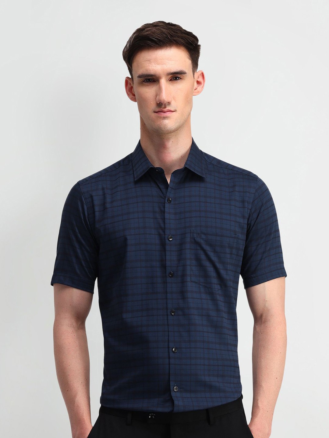 

Arrow Men Classic Spread Collar Tartan Checked Cotton Formal Shirt, Navy blue