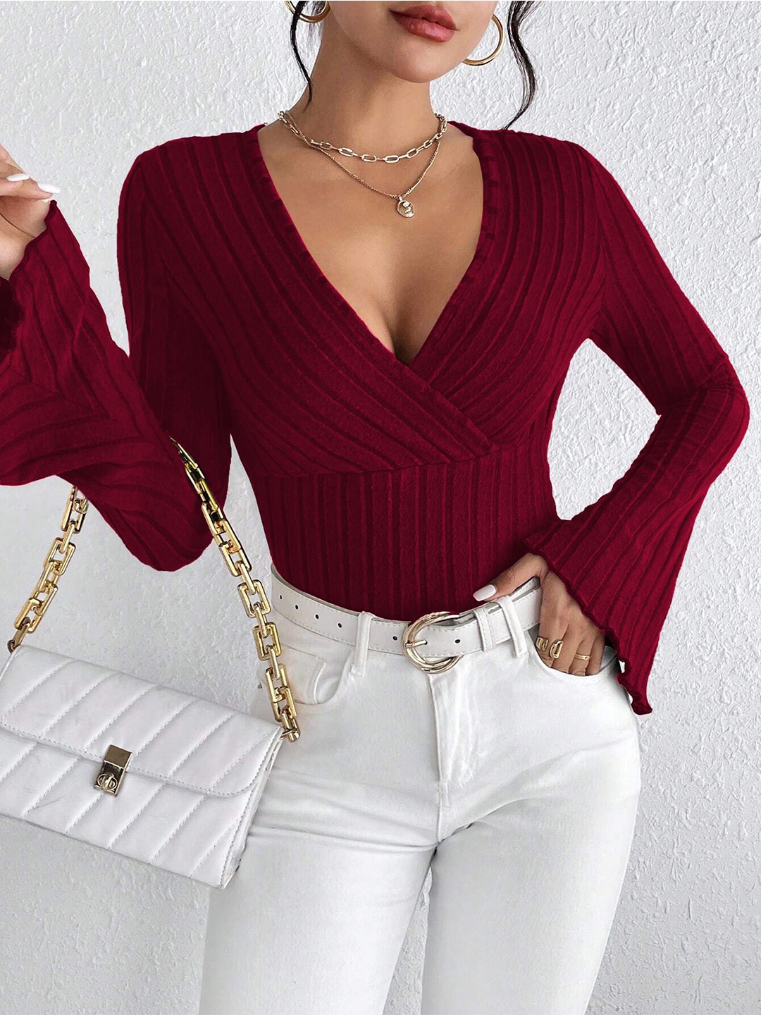 

HERE&NOW Women V-Neck Top, Burgundy