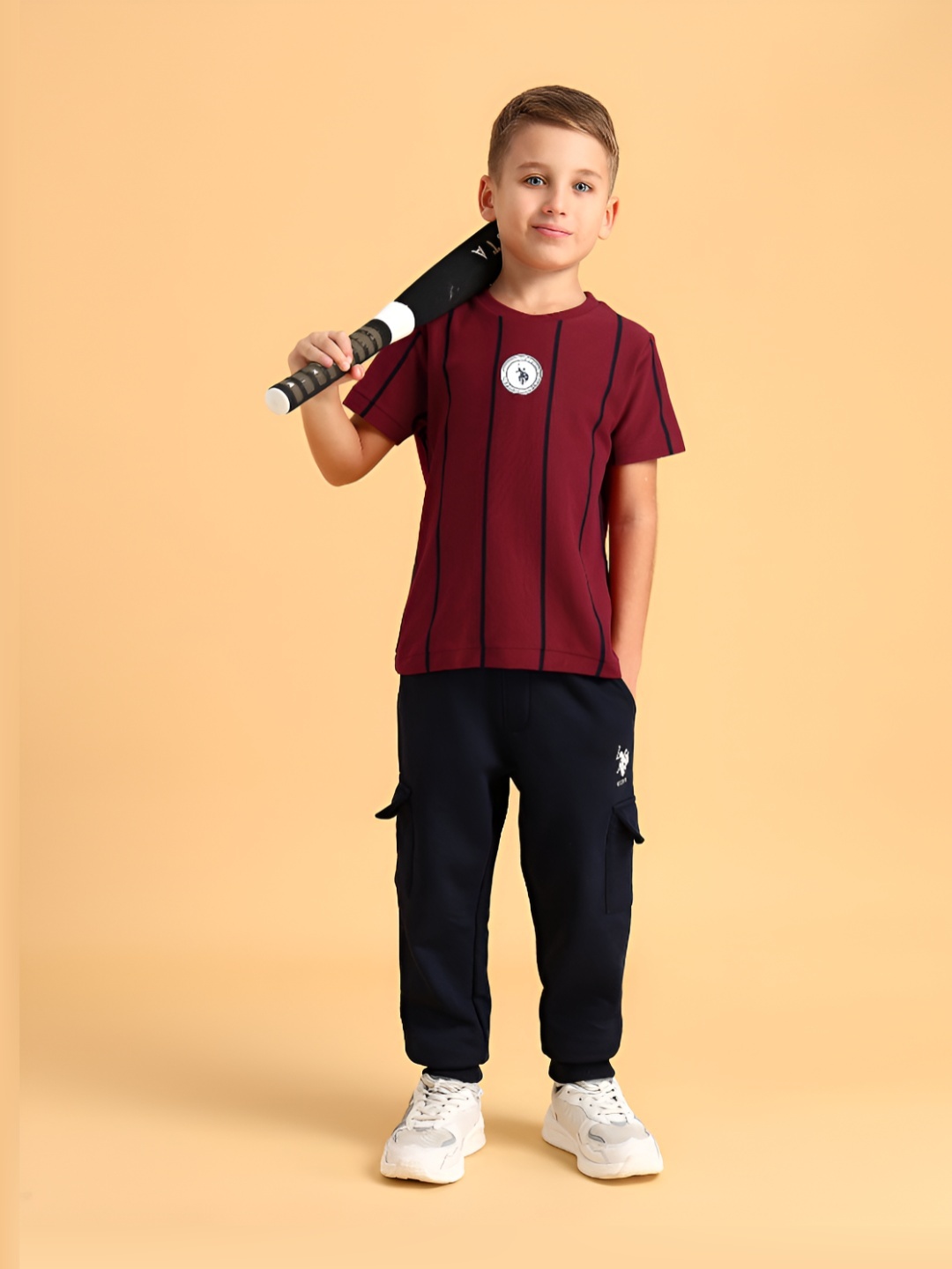 

U.S. Polo Assn. Kids Boys Striped Round Neck Cotton T-shirt, Maroon