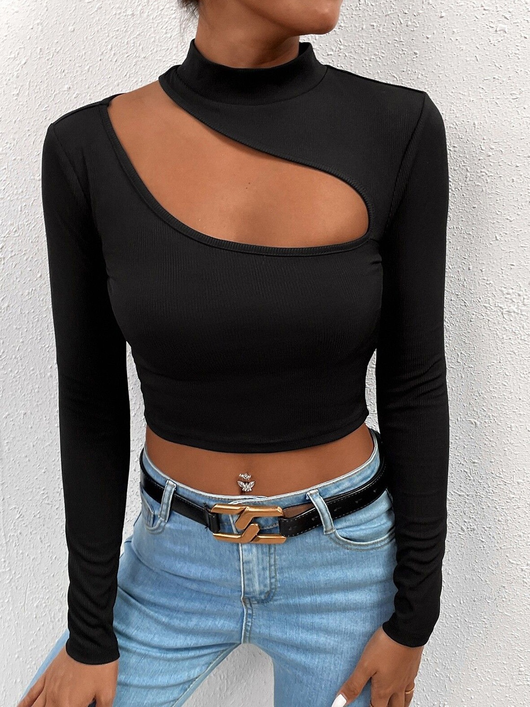 

HERE&NOW Women Cutout Crop Top, Black