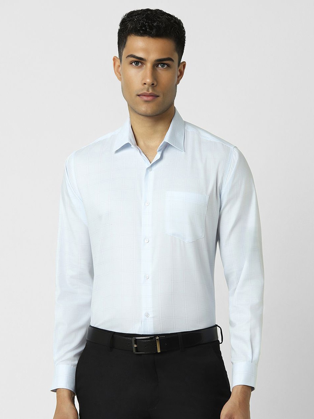 

Van Heusen Men Spread Collar Windowpane Checked Cotton Slim Fit Formal Shirt, Blue