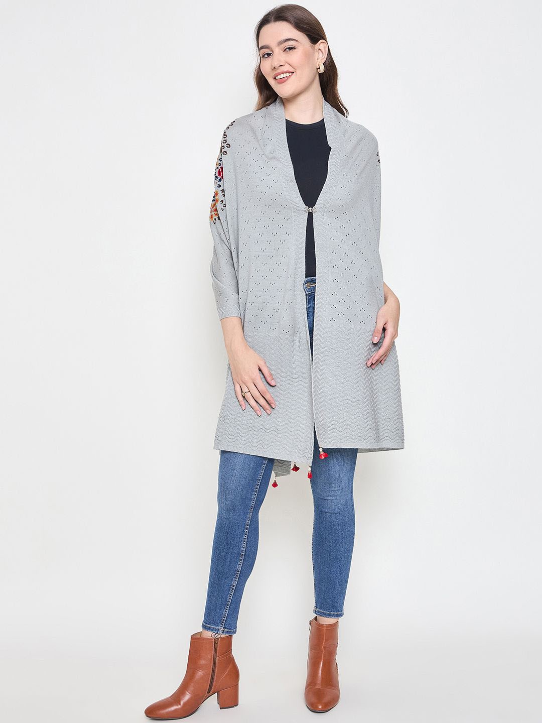 

Knitstudio Floral Embroidered V-Neck Poncho Sweaters, Grey
