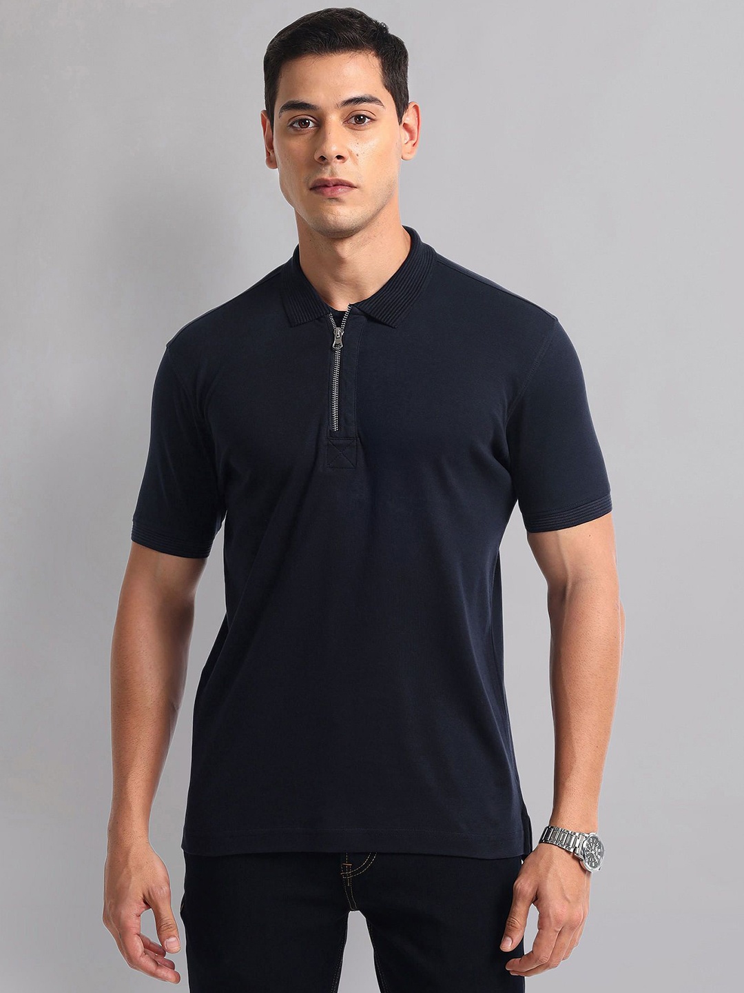 

AD By Arvind Men Solid Polo Collar Cotton Slim Fit T-shirt, Navy blue
