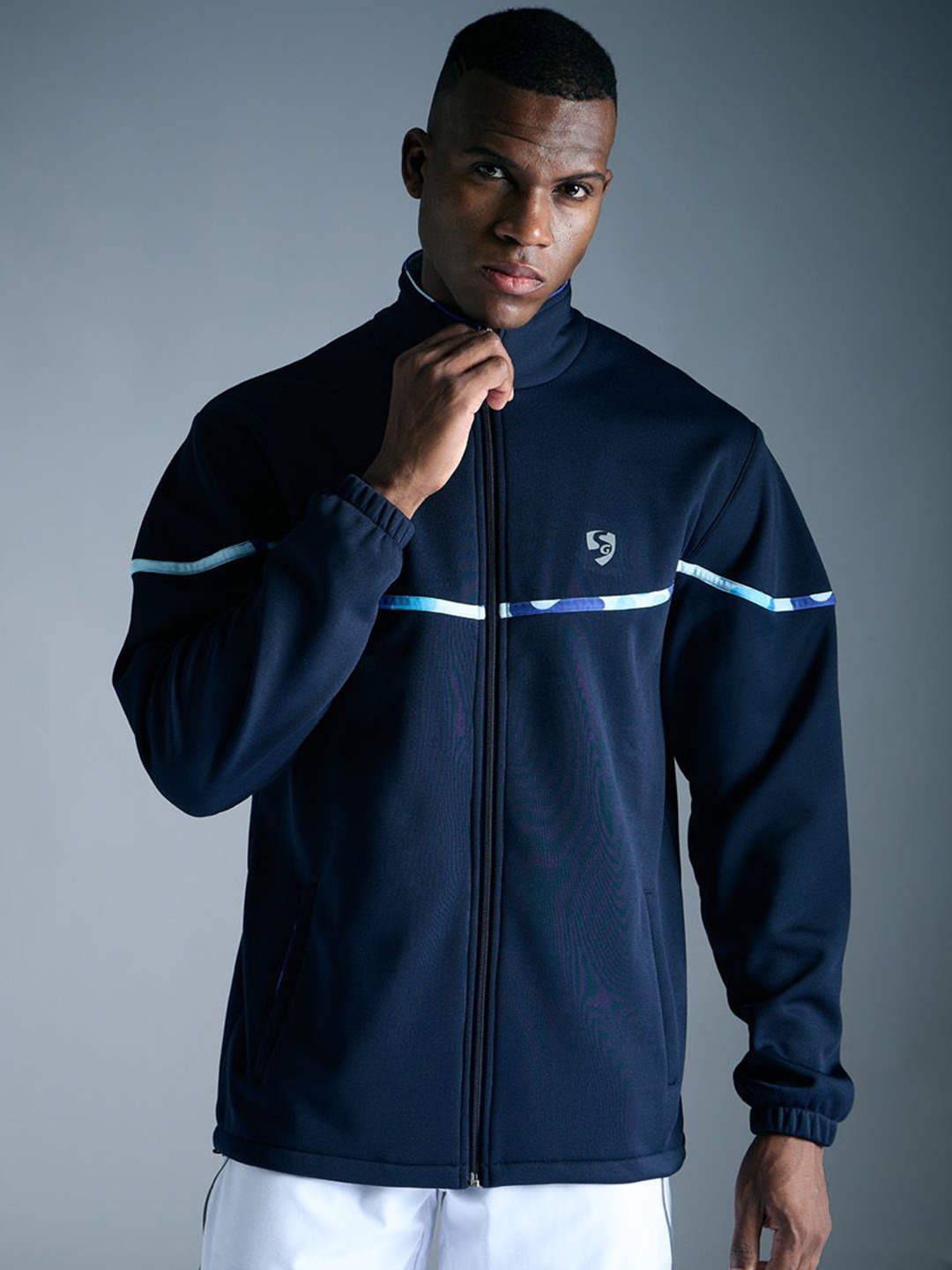 

SG Men Mock Collar Striped Fleece Sports Sporty Jacket, Navy blue