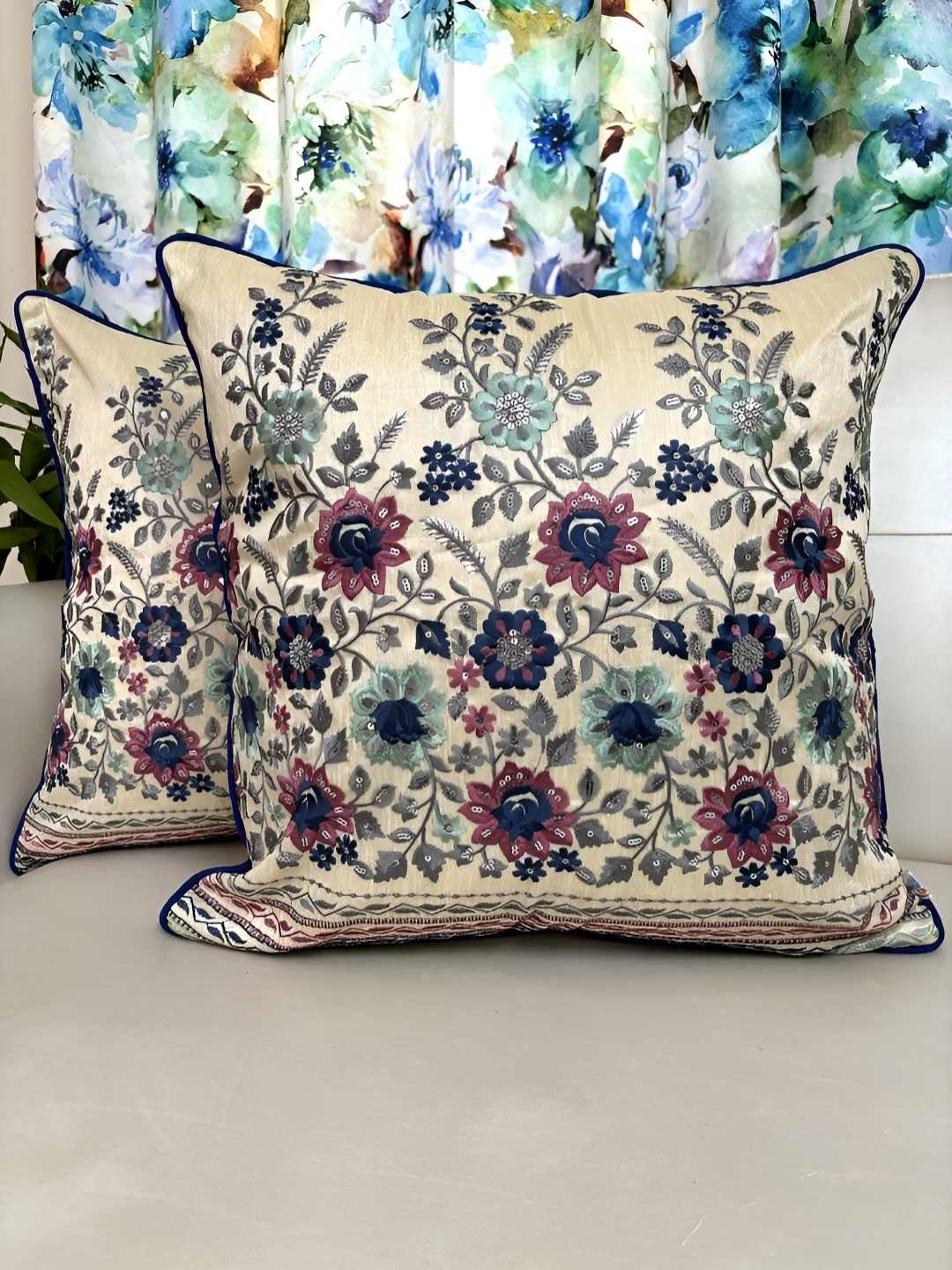 

TARA- Sparkling Homes Blue & Beige 2 Pieces Embroidered Square Cushion Covers