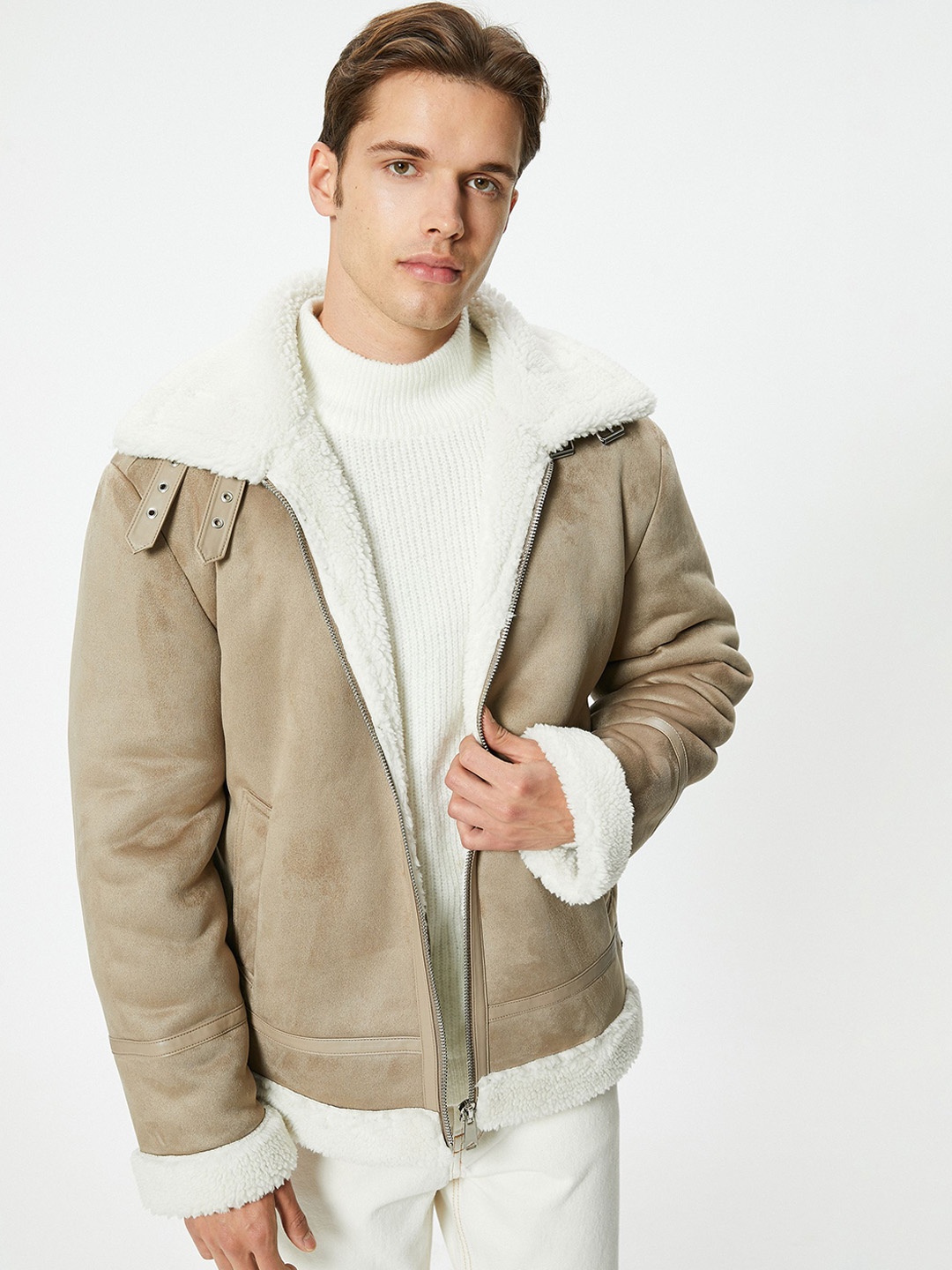 

Koton Men Spread Collar Solid Casual Bomber Jacket, Beige