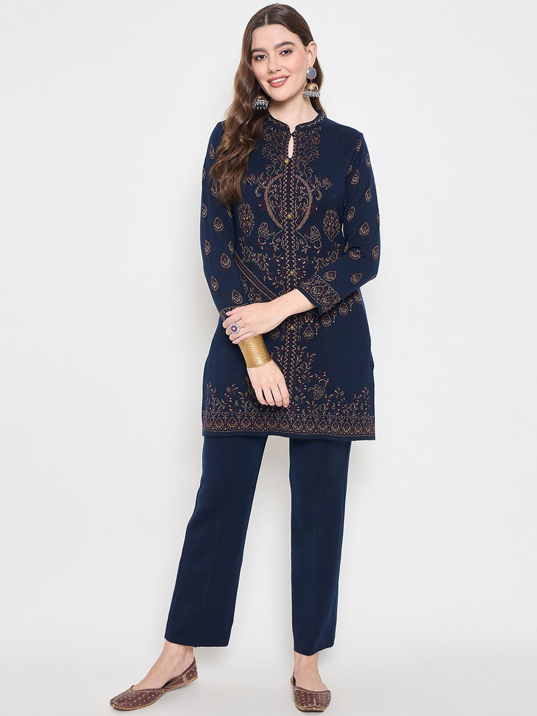 

Knitstudio Ethnic Motifs Printed Pure Wool Kurti With Trousers, Navy blue
