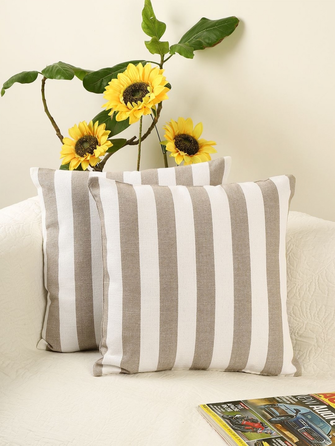 

Jamio Firati Beige & White 2 Pieces Striped Cotton Square Cushion Covers