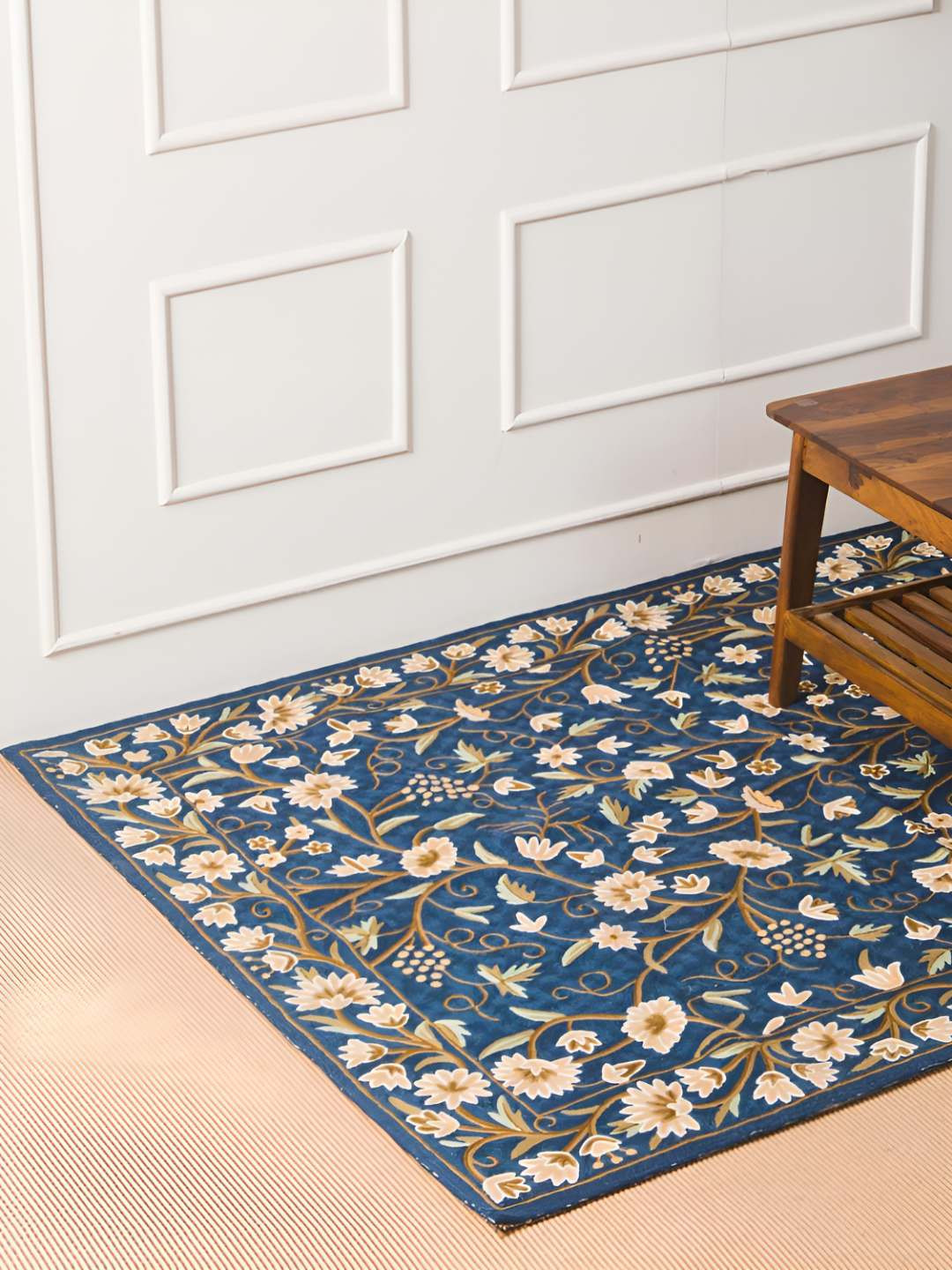 

Fabindia Navy Blue & Beige Floral Printed Woolen Dhurrie