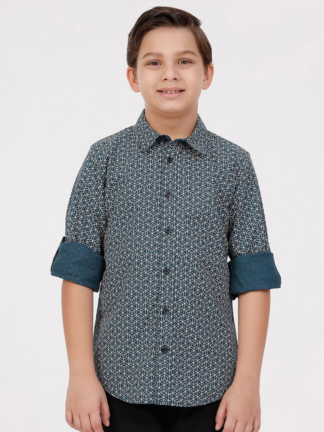 

KATE & OSCAR Boys Cutaway Collar Geometric Printed Cotton Casual Shirt, Teal