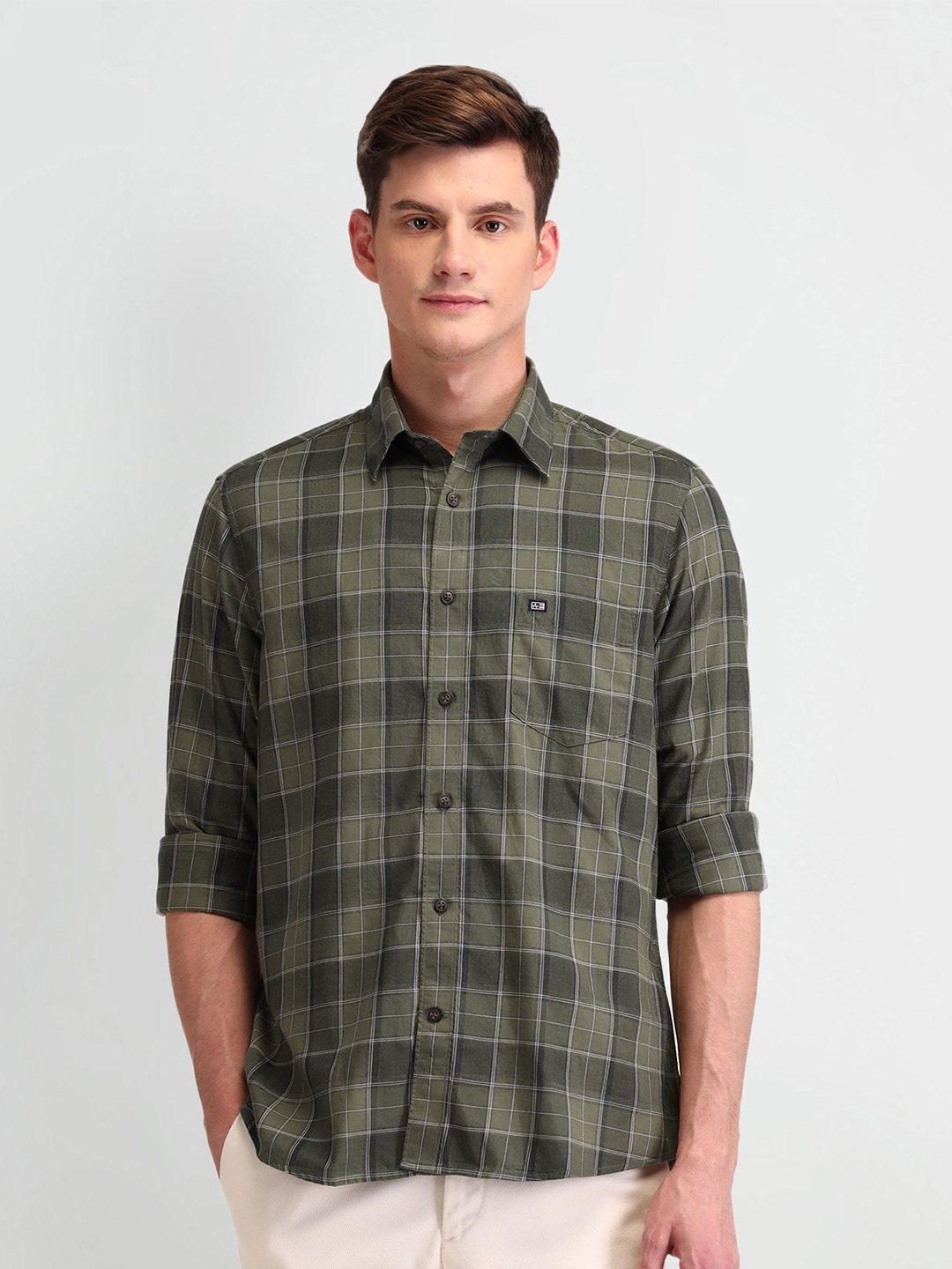 

Arrow Sport Men Classic Tailored Fit Opaque Checked Casual Shirt, Olive