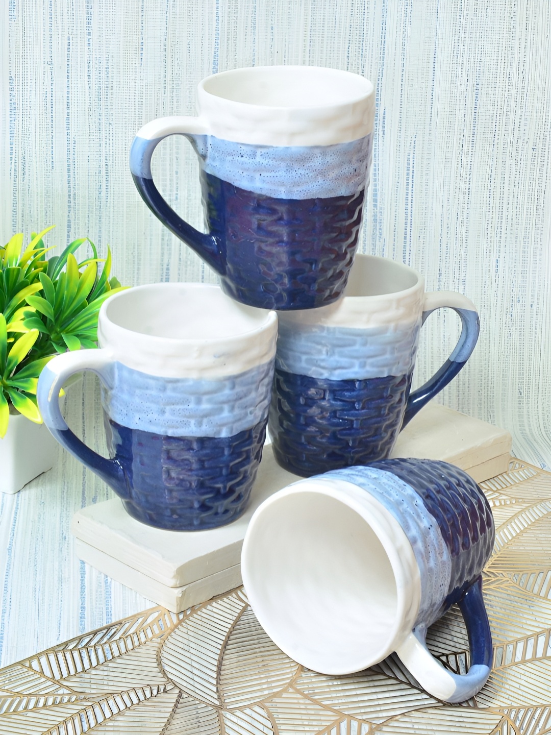 

FABINALIV Blue & White 4 Pieces Textured Ceramic Glossy Mugs 310 ml each