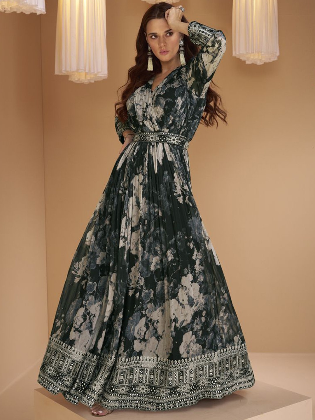 

ASISA Floral Printed Georgette Fit and Flare Ethnic Dress With Dupatta, Olive