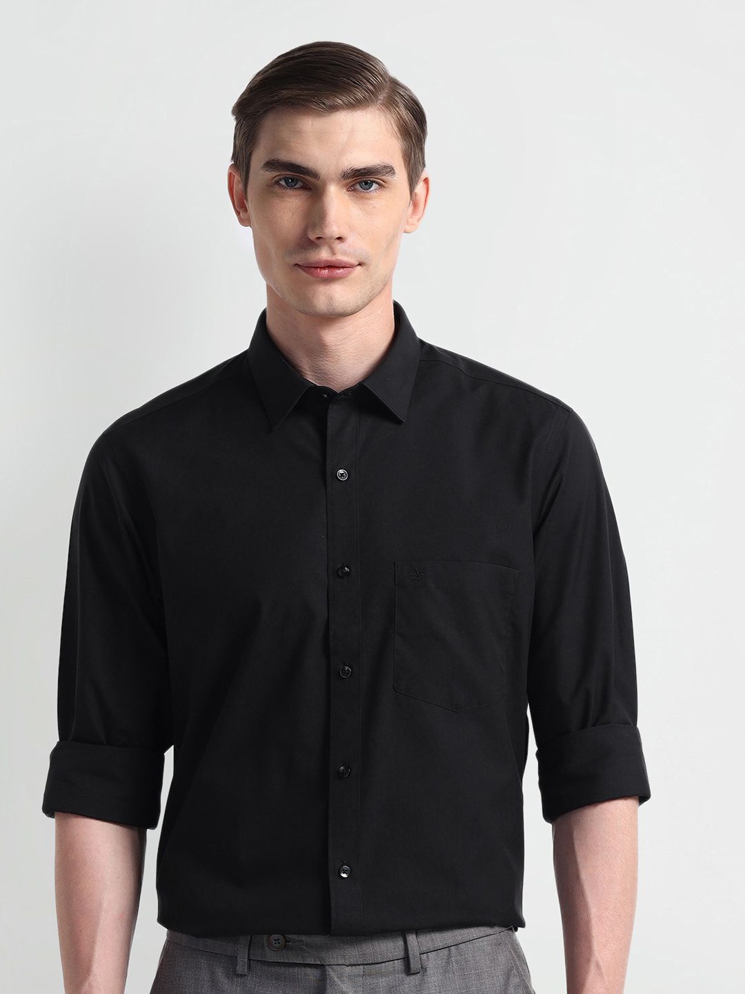 

Arrow Men Classic Spread Collar Solid Cotton Formal Shirt, Black