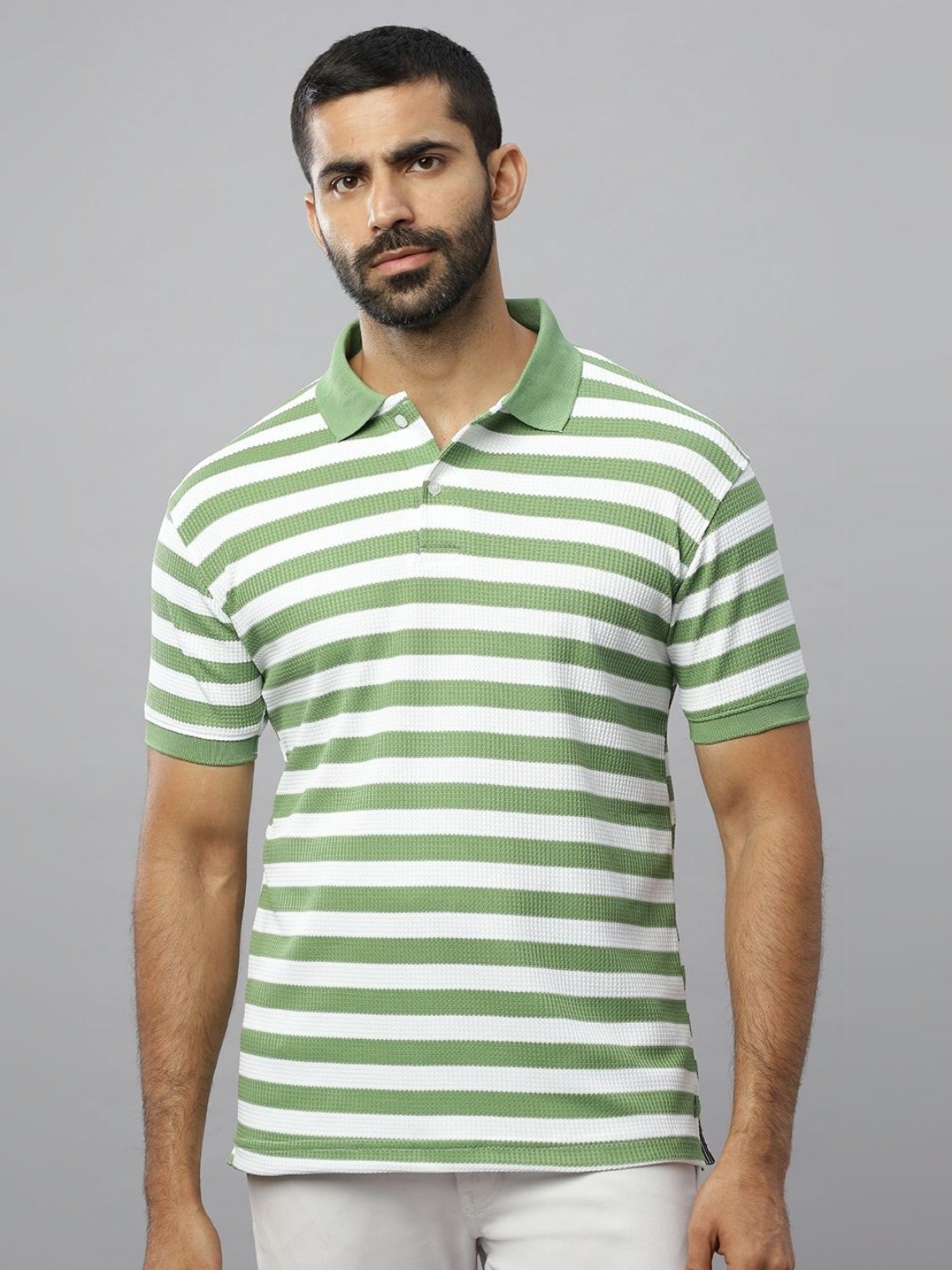 

N AND J Men Striped Polo Collar Cotton T-shirt, Green