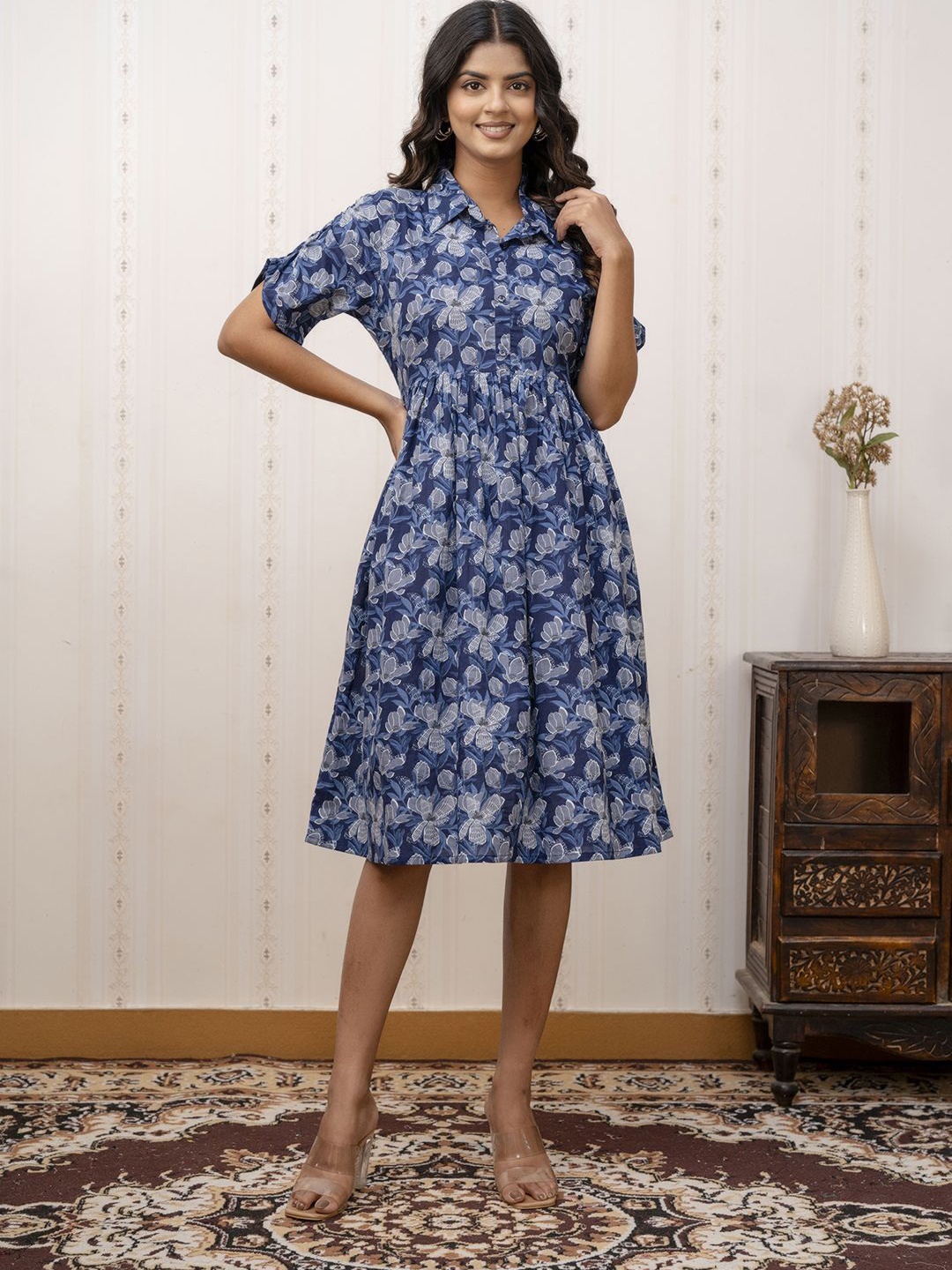 

Nayo Floral Print Fit & Flare Midi Dress, Navy blue