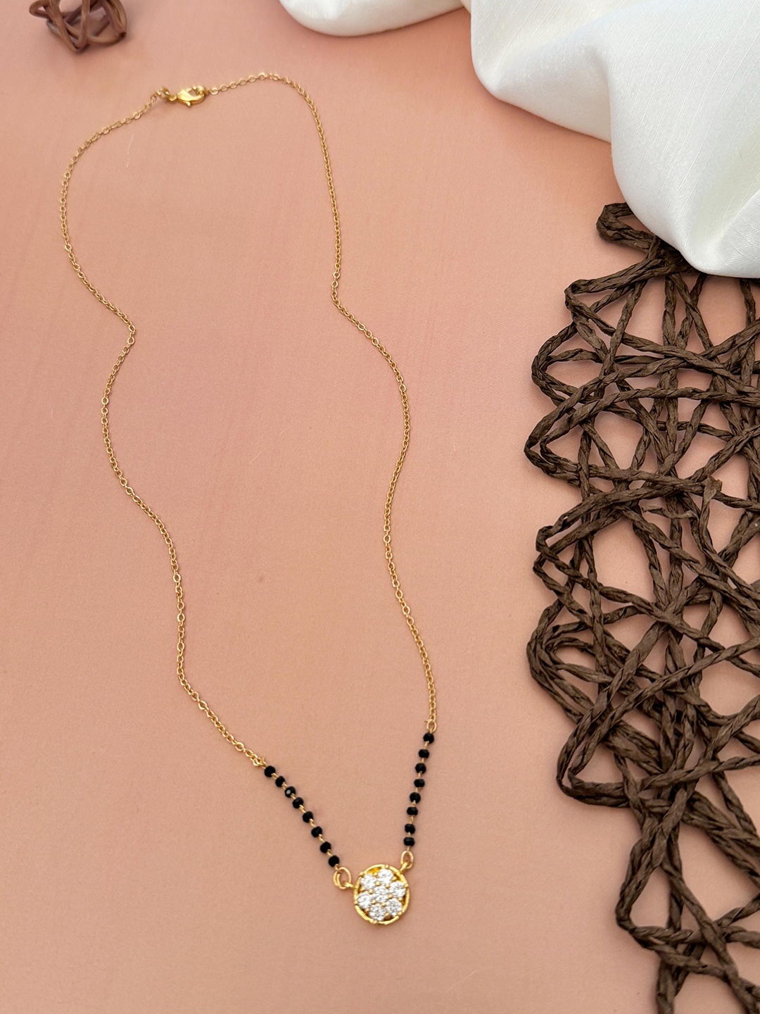 

ABDESIGNS Gold-Plated American Diamond Studded & Beaded Mangalsutra