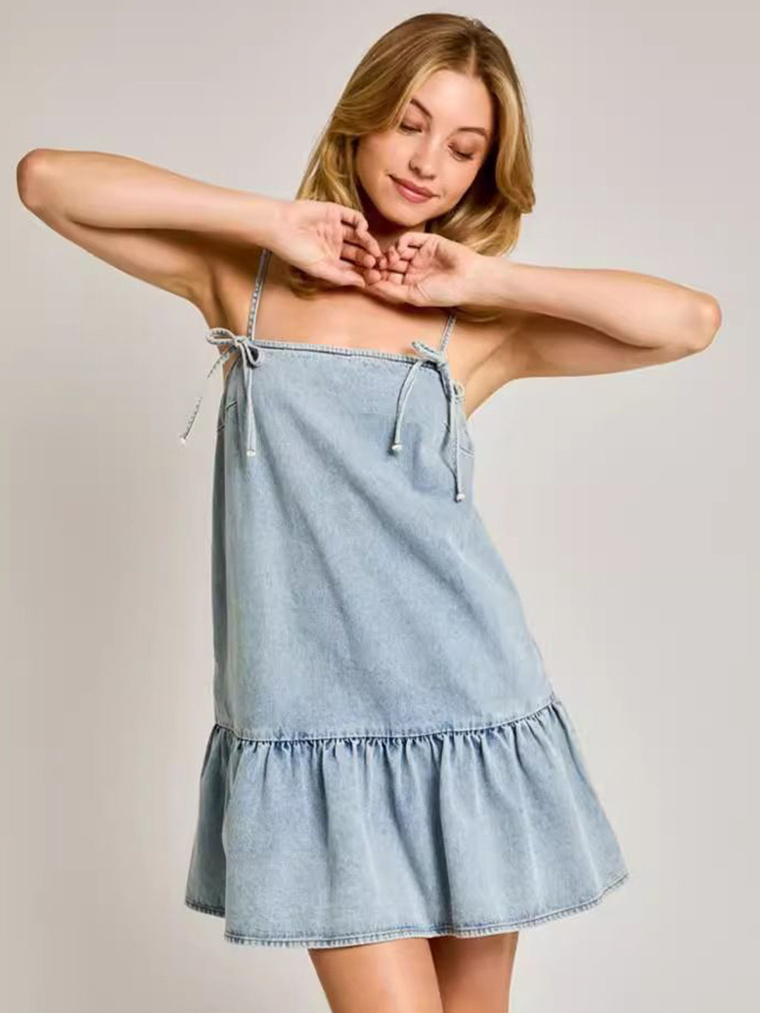 

StyleCast Tie-Up Neck Layered Denim A-Line Dress, Blue