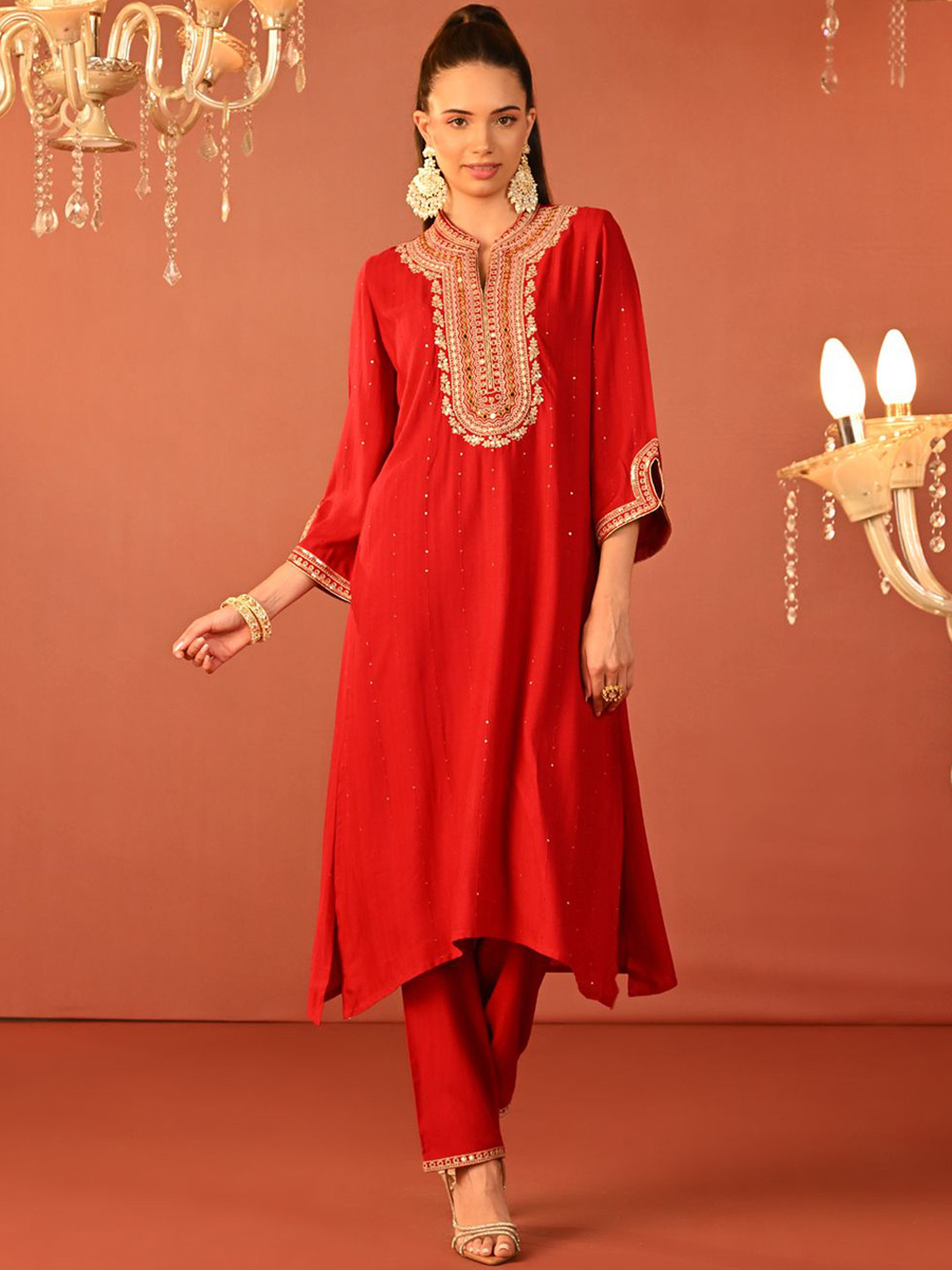 

Lakshita Floral Embroidered Mirror Work Kurta With Trousers, Red