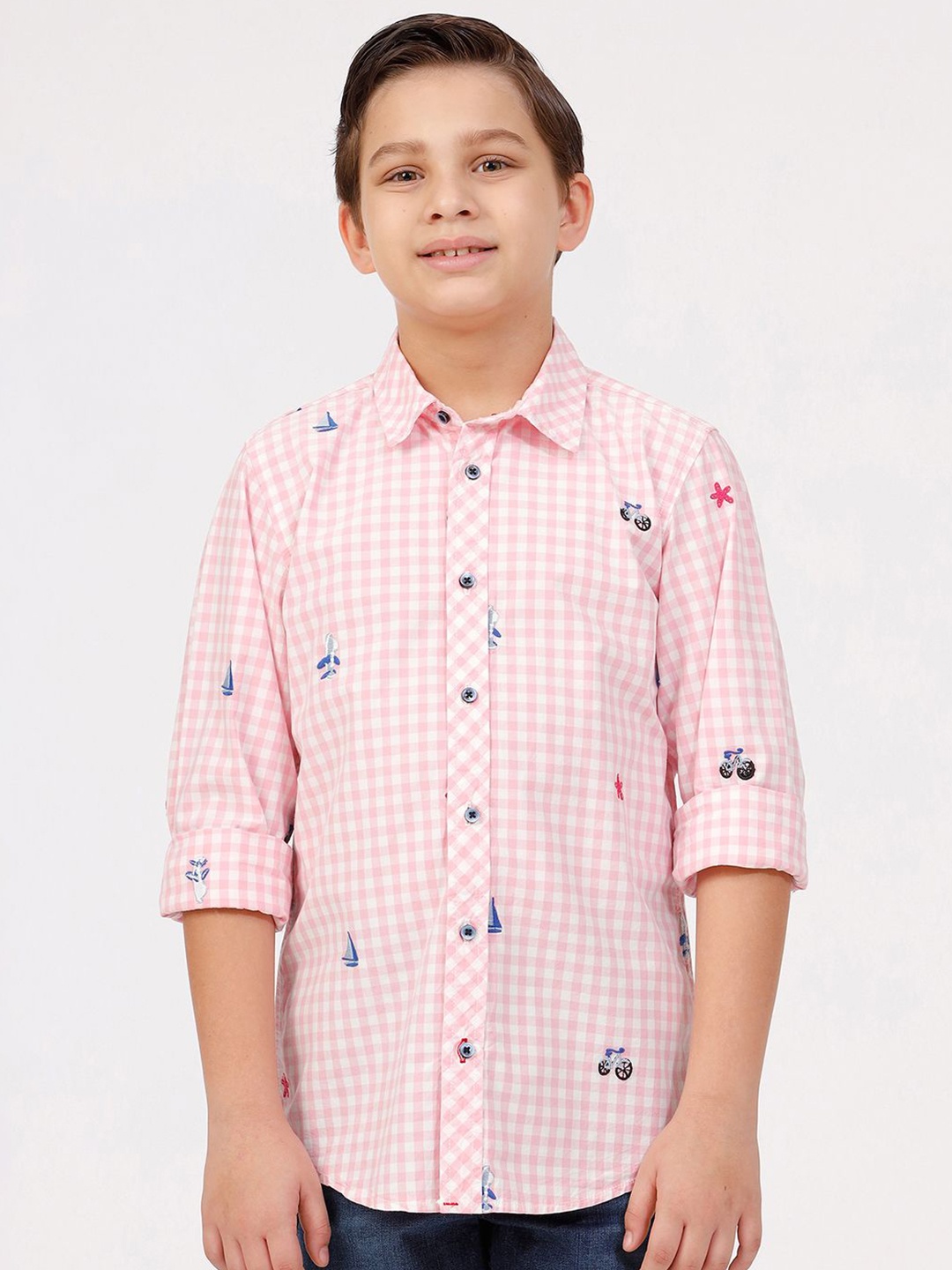 

KATE & OSCAR Boys Cutaway Collar Checked Cotton Casual Shirt, Pink