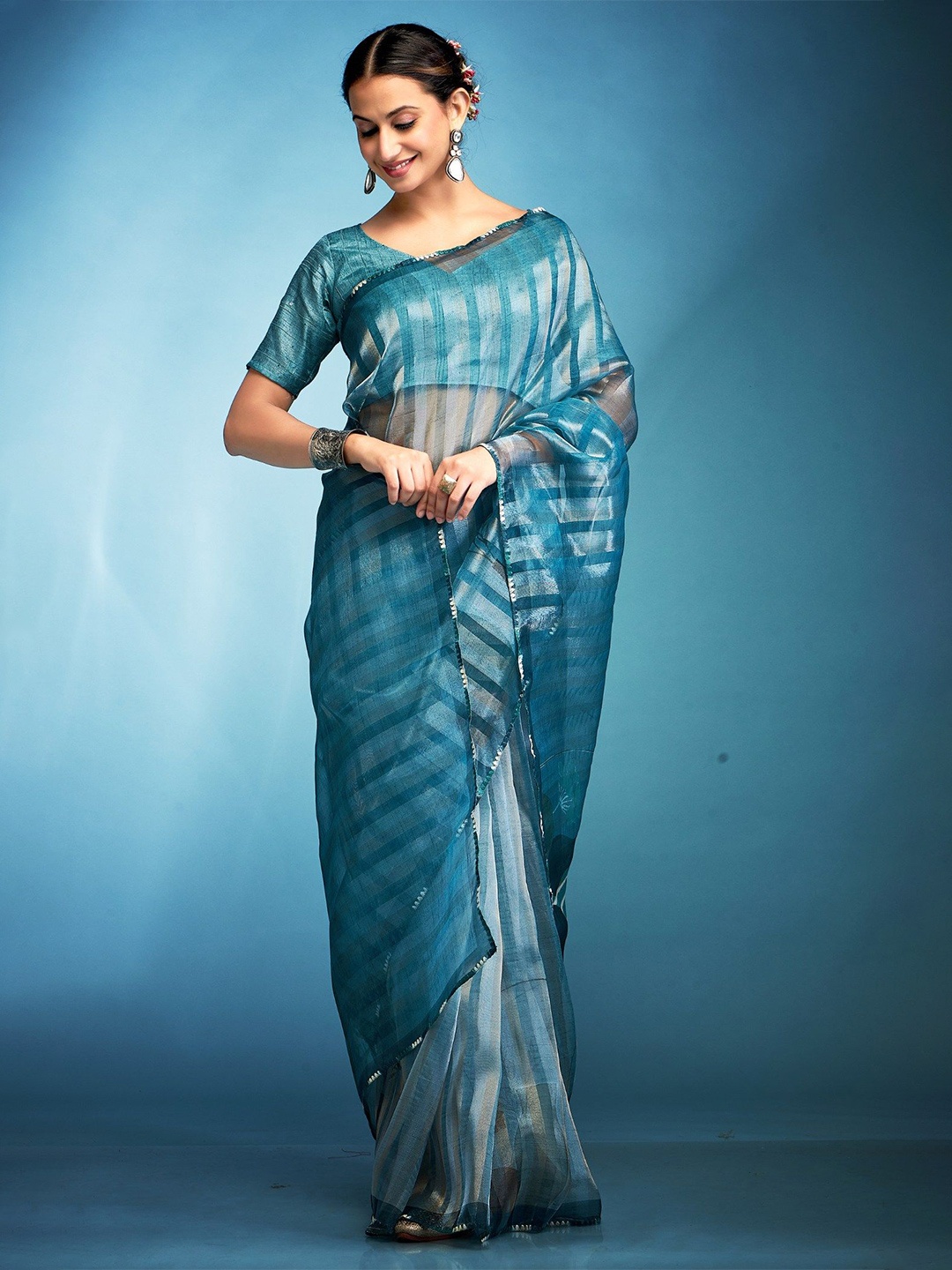 

MySilkLove Striped Sequinned Tissue Saree, Blue