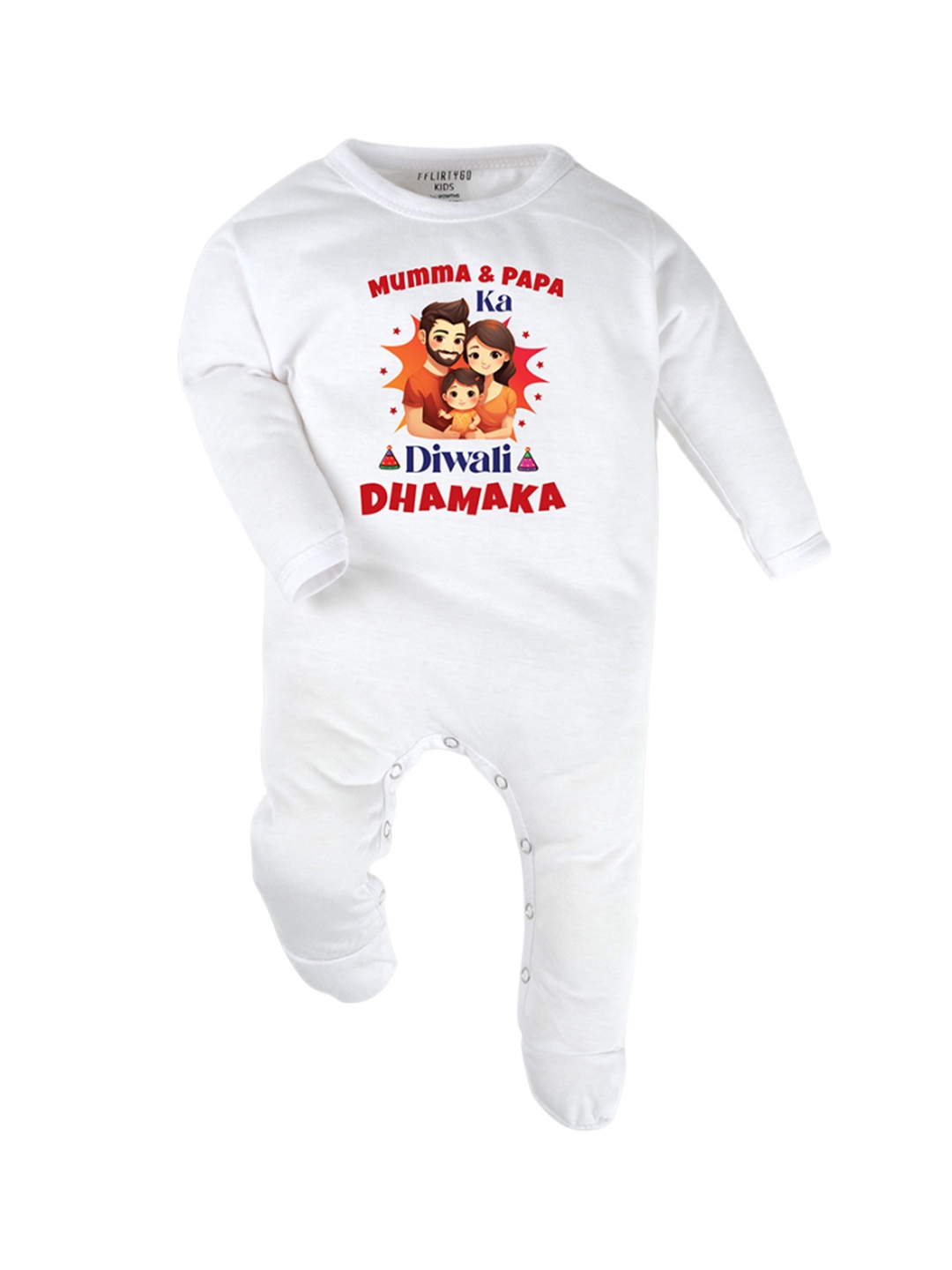 

FFLIRTYGO Unisex Kids Diwali Special Printed Pure Cotton Sleepsuit, White