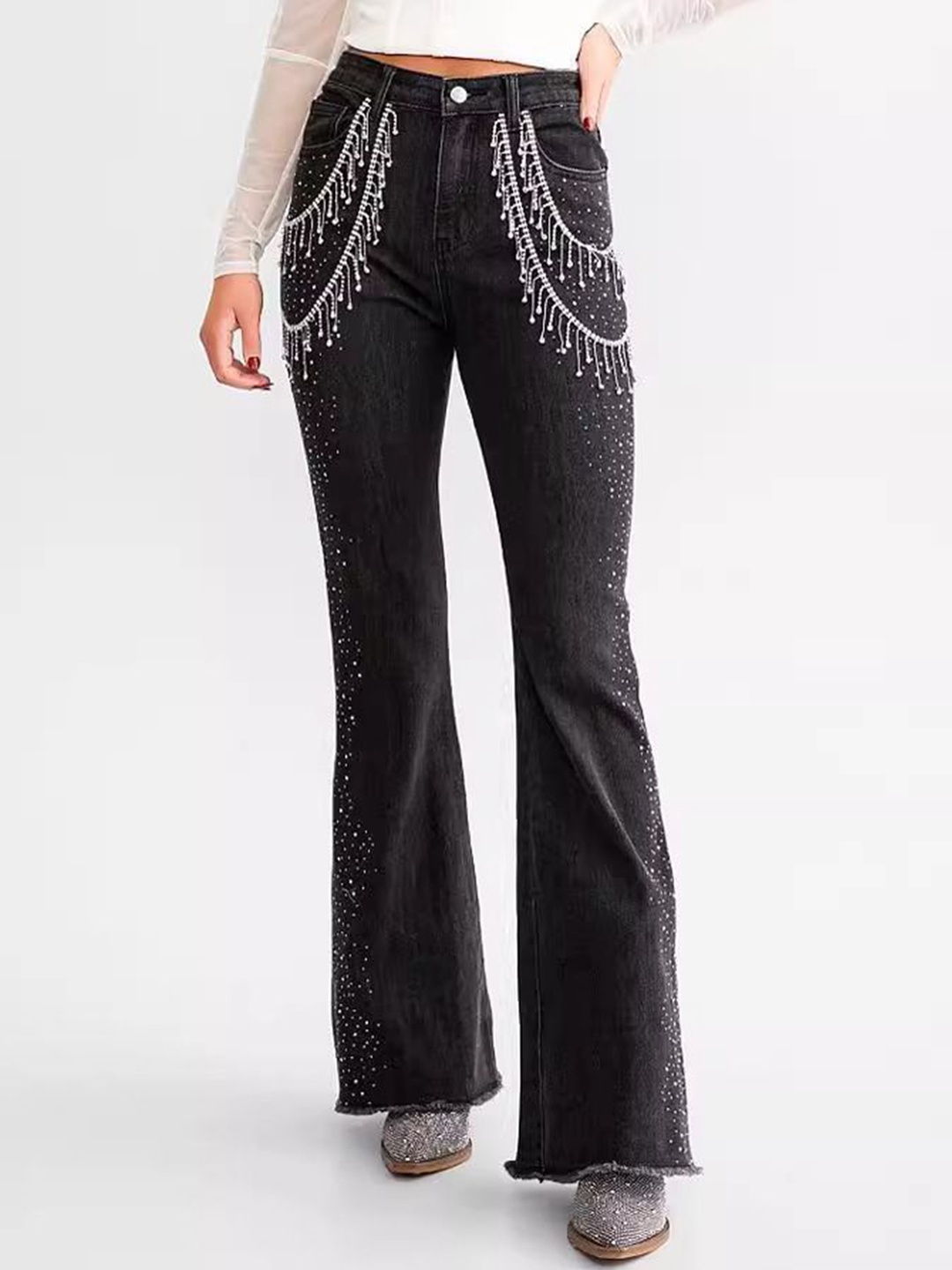 

StyleCast Women Slim Fit Low Distress Embellished Stretchable Jeans, Grey
