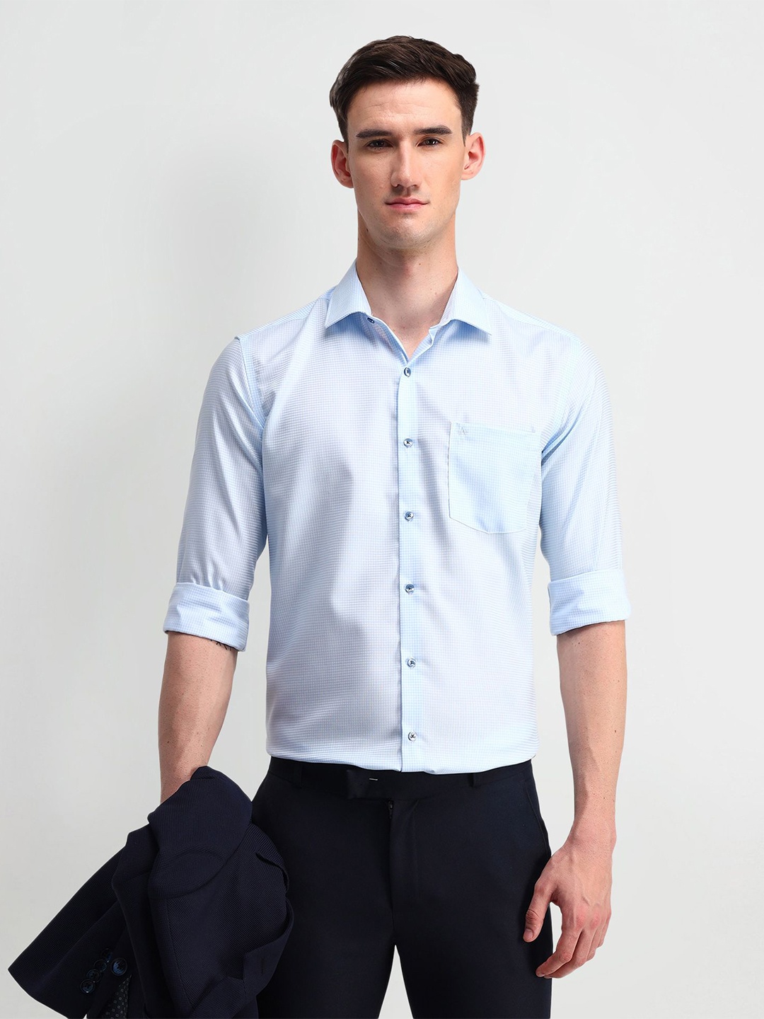 

Arrow Men Manhattan Spread Collar Micro Checked Cotton Slim Fit Formal Shirt, Blue