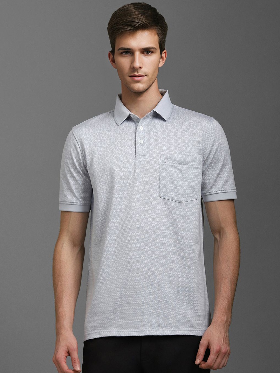 

Louis Philippe Men Geometric Printed Polo Collar Cotton T-shirt, Grey