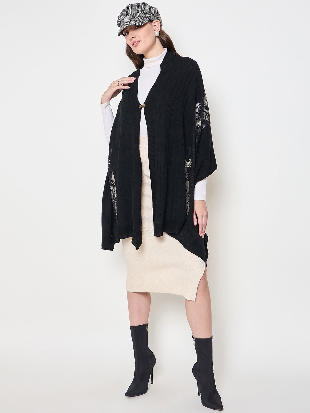 

Knitstudio Floral Embroidered V-Neck Poncho Sweaters, Black