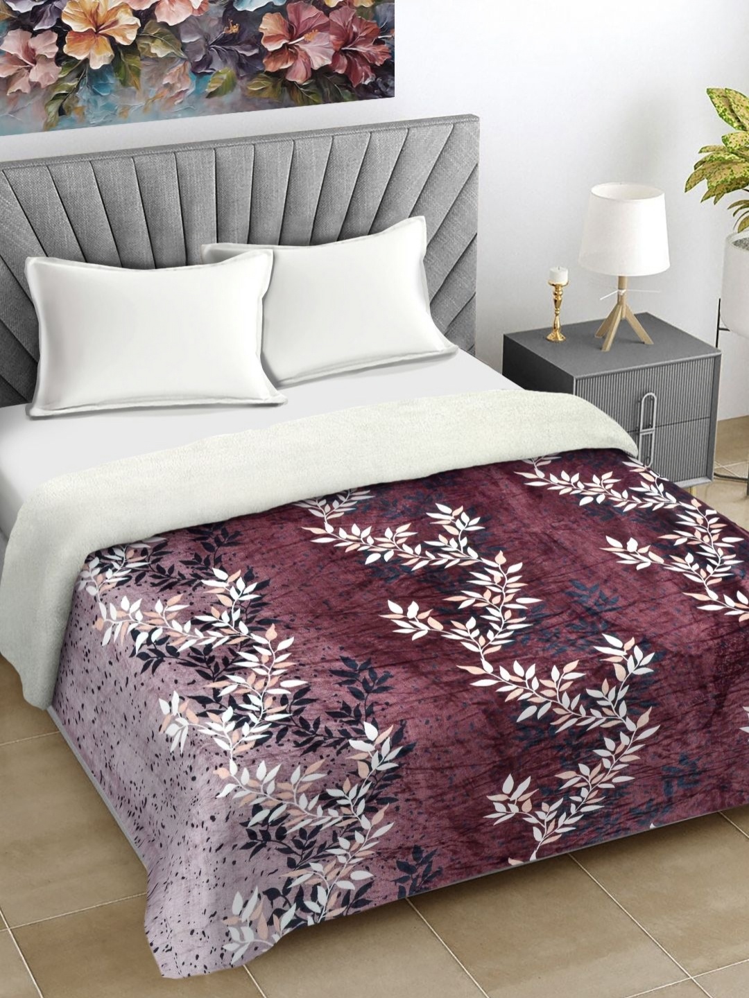 

FABINALIV Burgundy & White Floral Woollen Mild Winter 400 GSM Double Bed Comforter