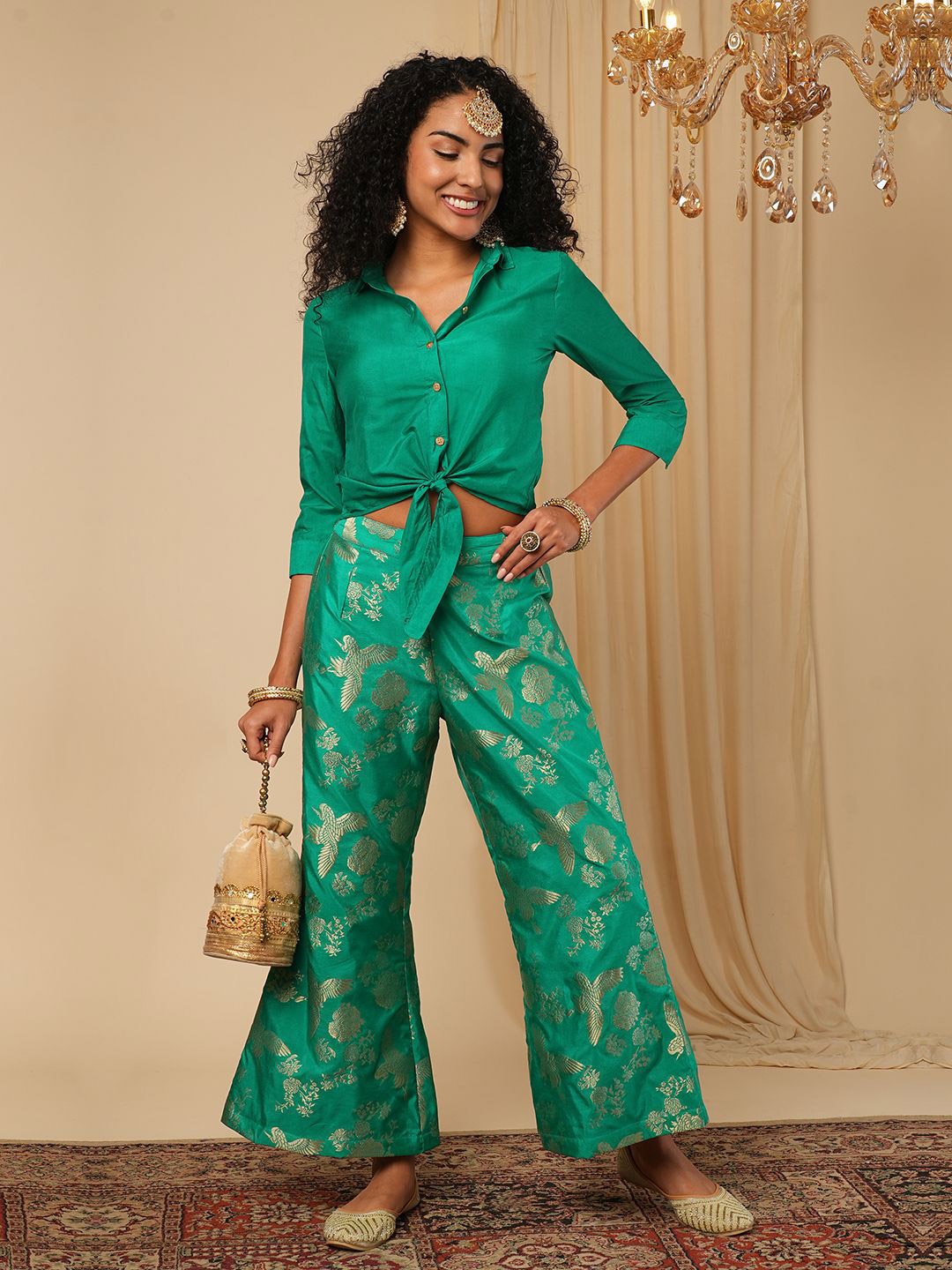 

Globus Cuffed Sleeves Crop Shirt With Brocade Trousers, Green