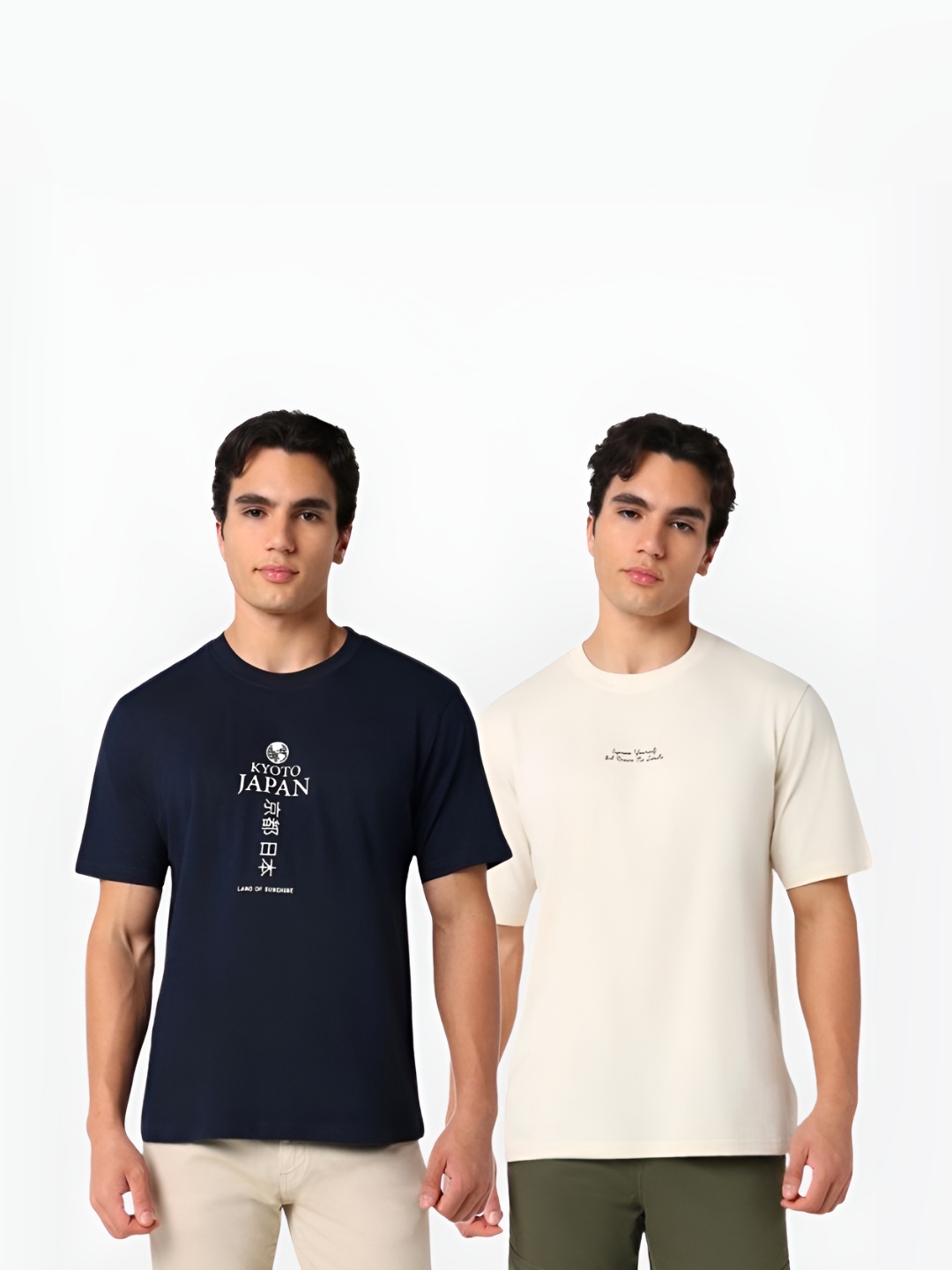 

R&B Men Pack Of 2 Typography Printed Round Neck Cotton T-shirts, Navy blue