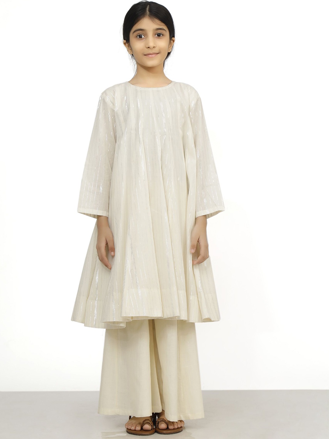 

TJORI Girls Striped Regular Pure Cotton Kurta with Palazzos, Off white