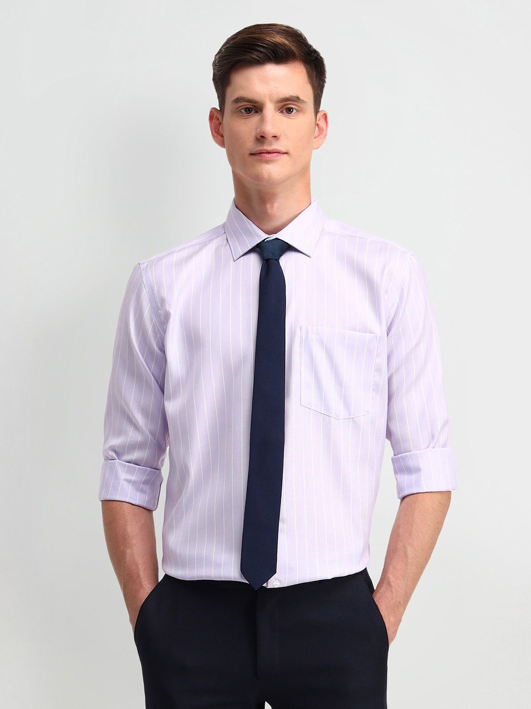 

Arrow Men Classic Spread Collar Vertical Striped Cotton Formal Shirt, Lavender