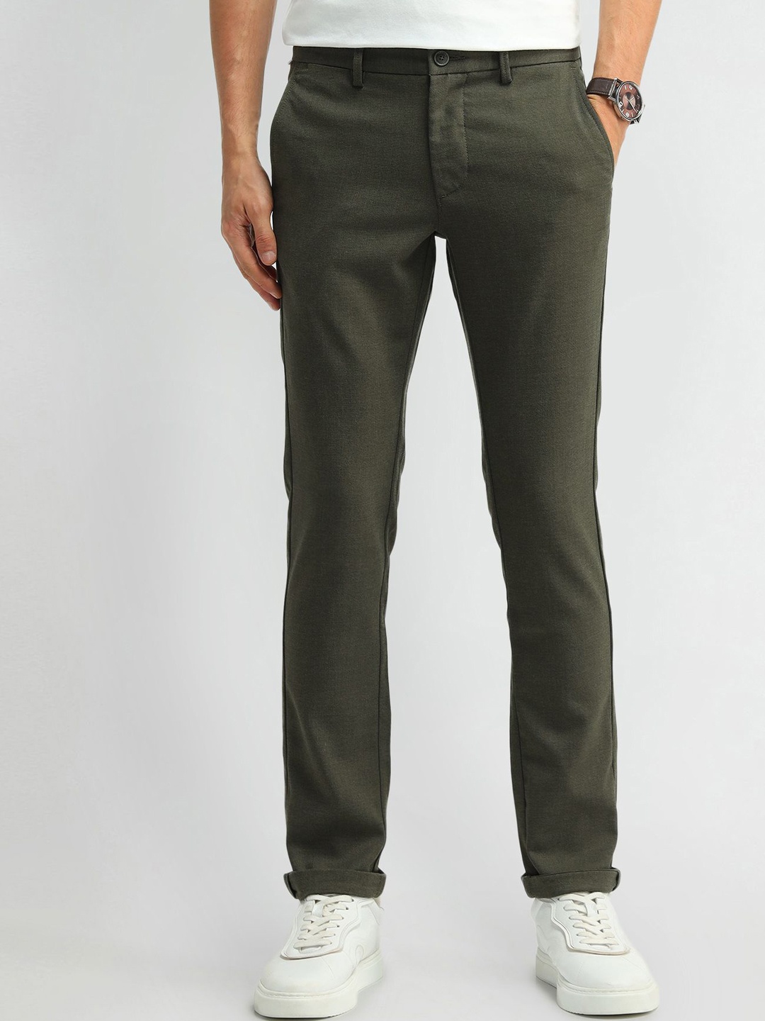 

Arrow Sport Men Textured Urban Slim Slim Fit Trousers, Olive