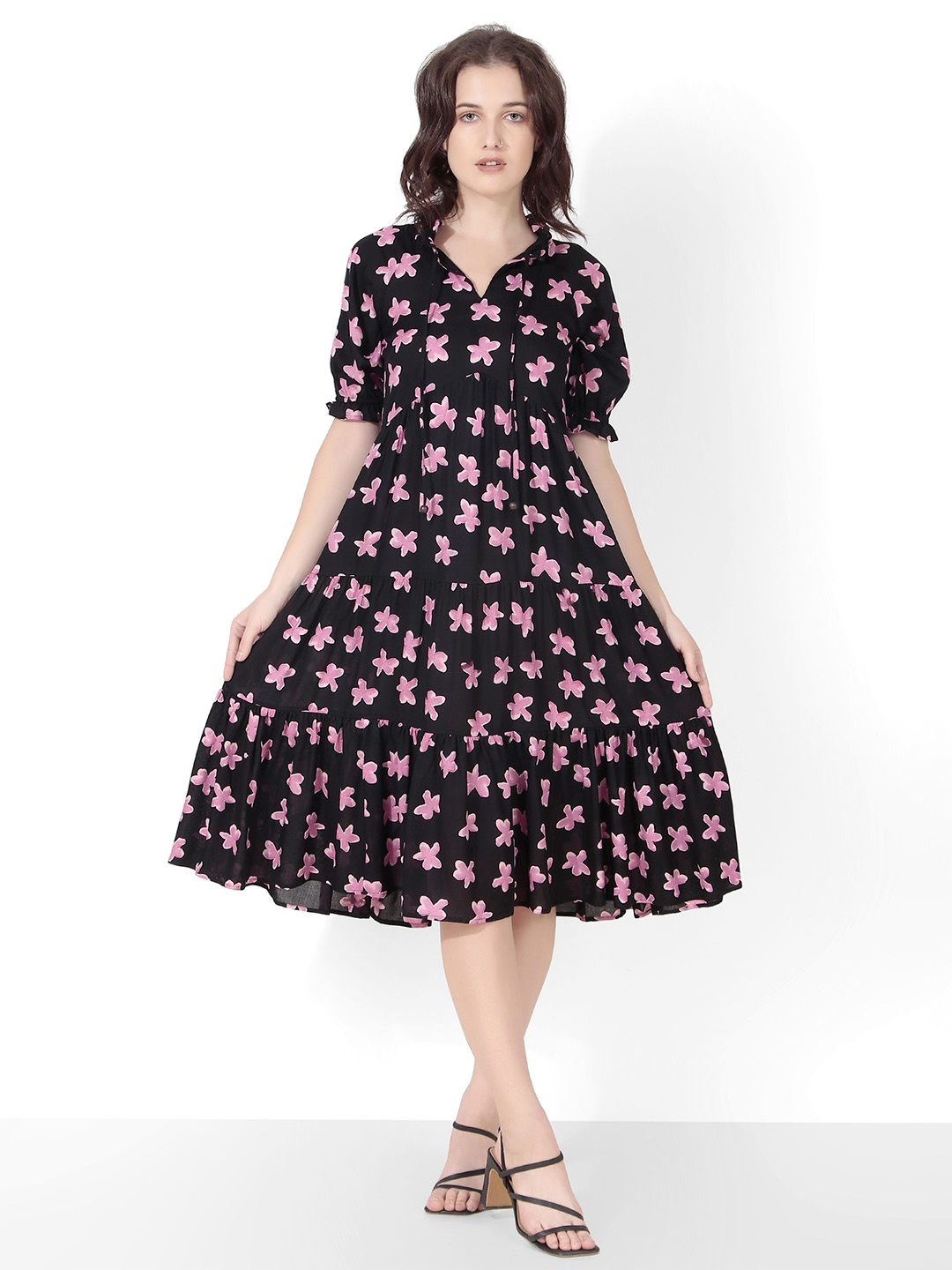 

Seryeon Floral Print Puff Sleeve A-Line Midi Dress, Black