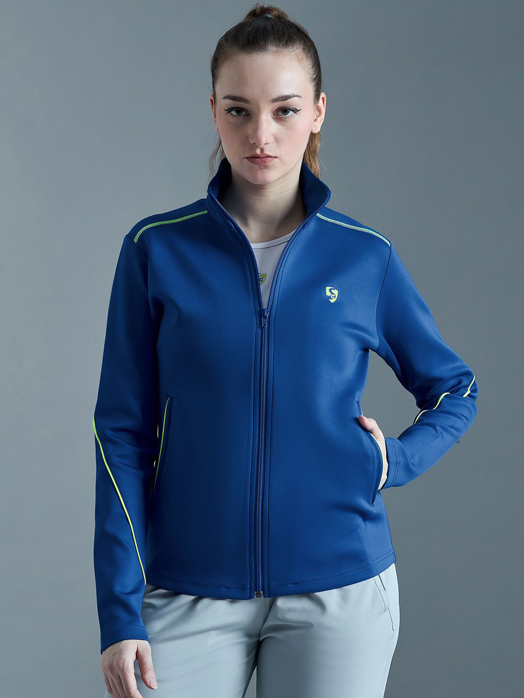

SG Women Mock Collar Solid Sports Bomber Jacket, Blue
