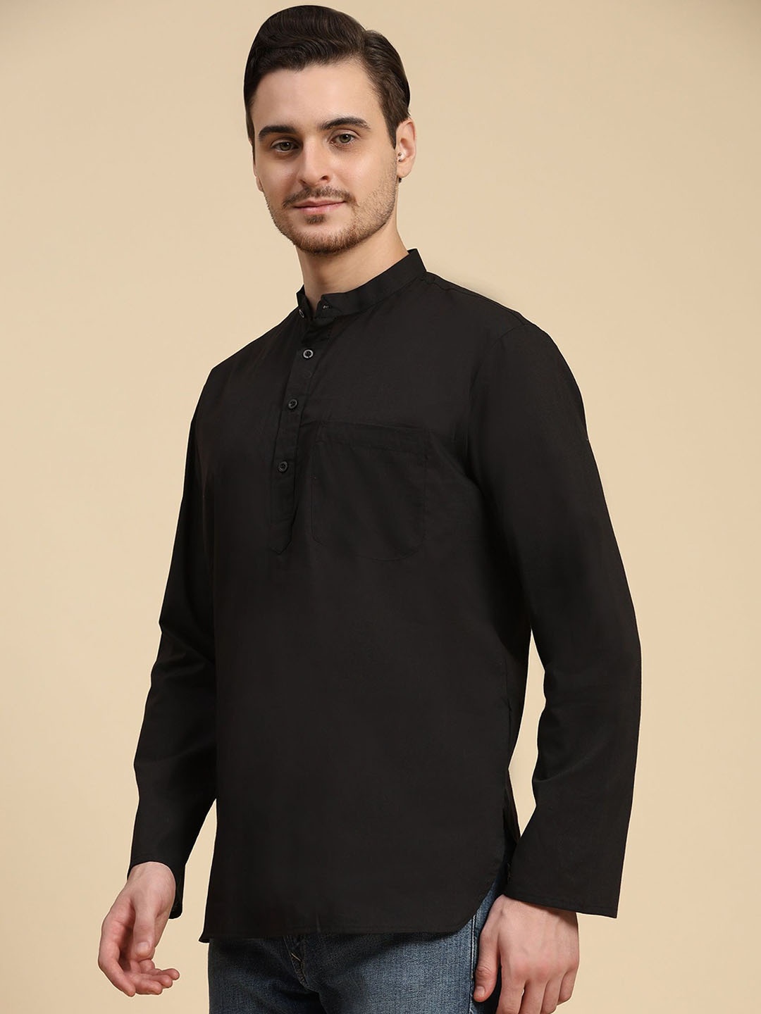 

SKAVIJ Mandarin Collar Cotton Short Straight Kurta, Black