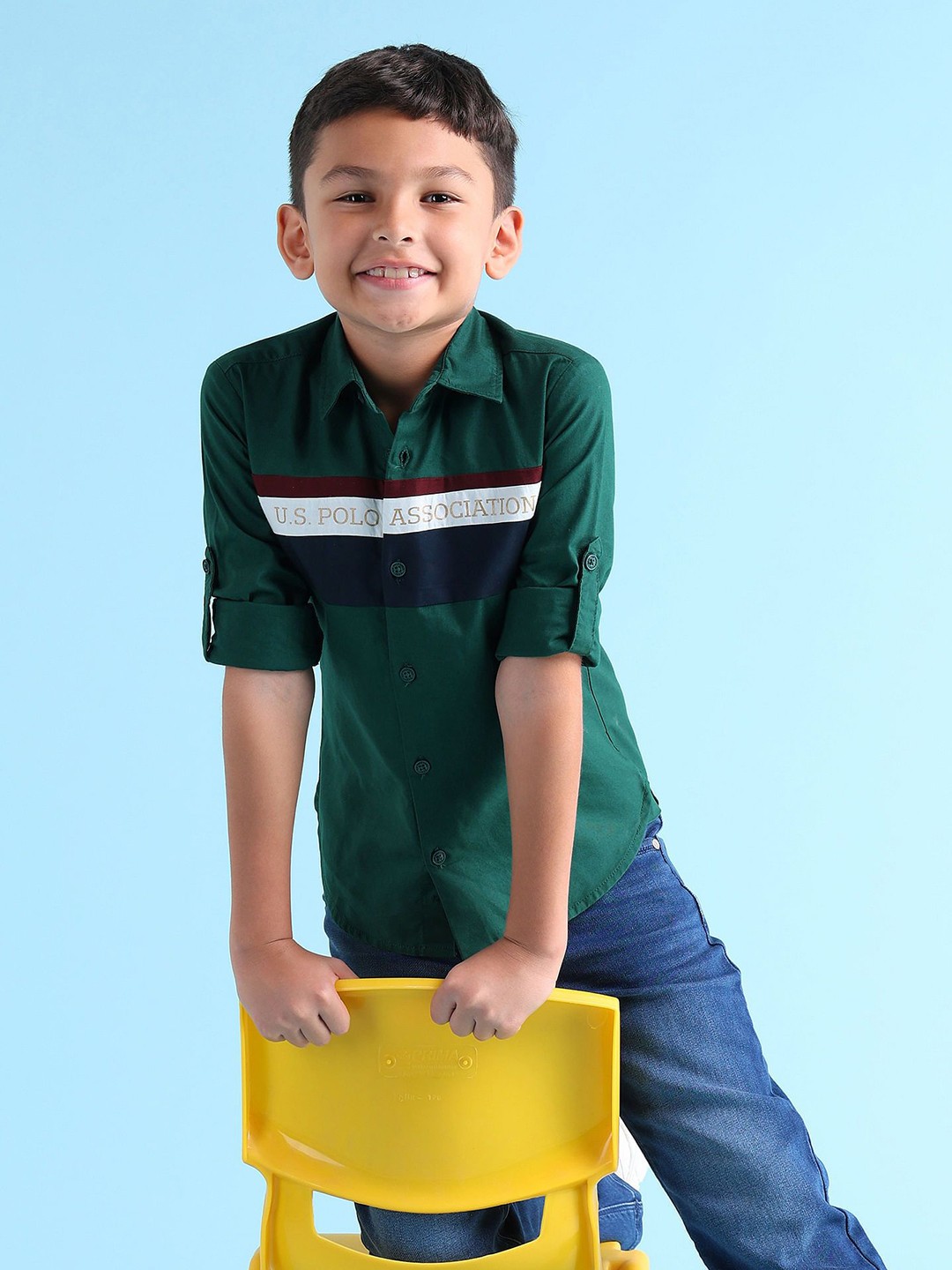 

U.S. Polo Assn. Kids Boys Classic Spread Collar Colourblocked Cotton Casual Shirt, Green