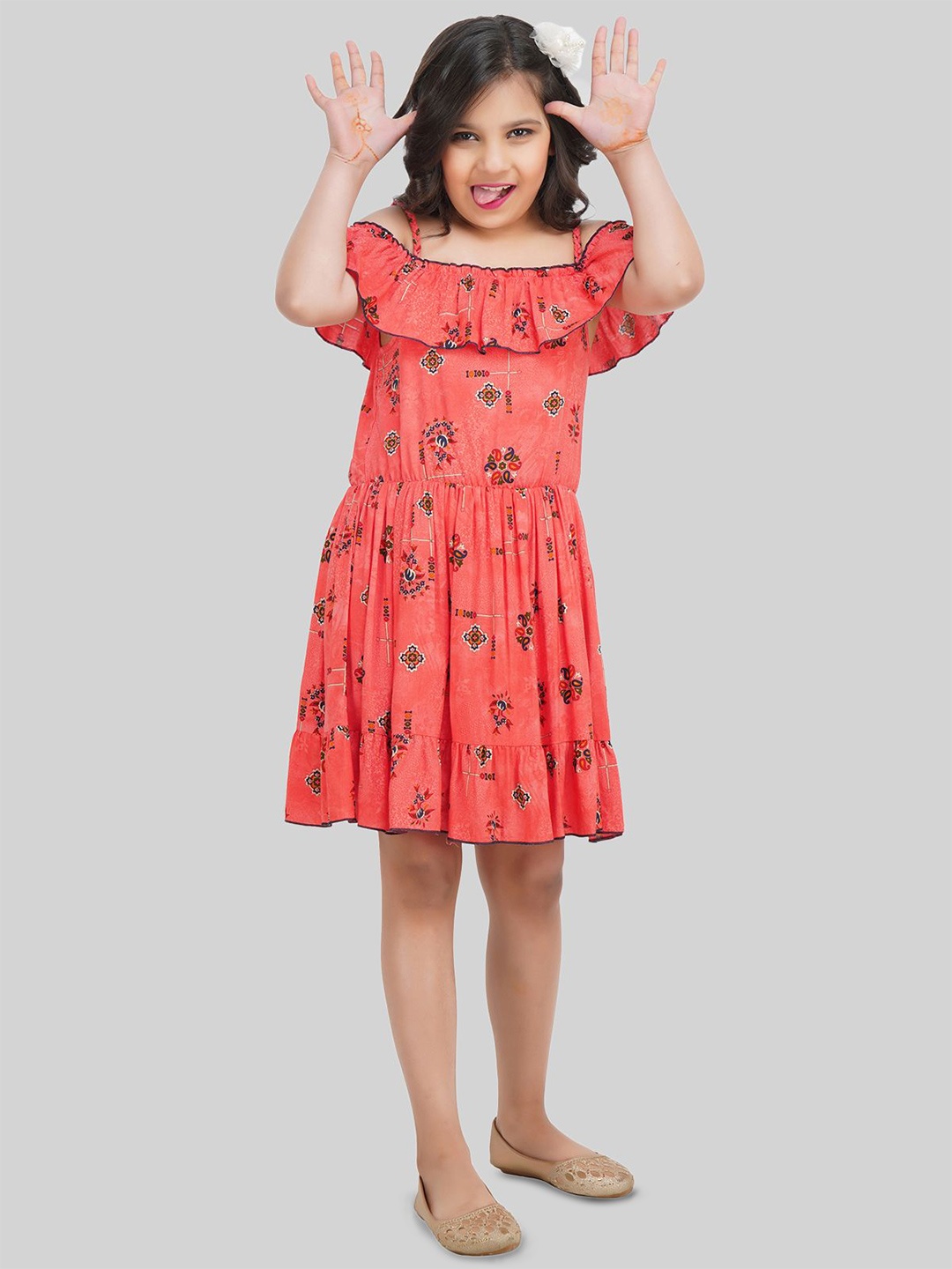

BEING NAUGHTY Girls Ethnic Motifs Printed Off-Shoulder Fit & Flare Dress, Pink