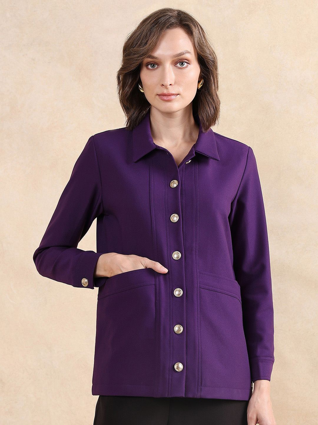 

RAREISM Women Spread Collar Solid Cotton Casual Tailored Jacket, Purple