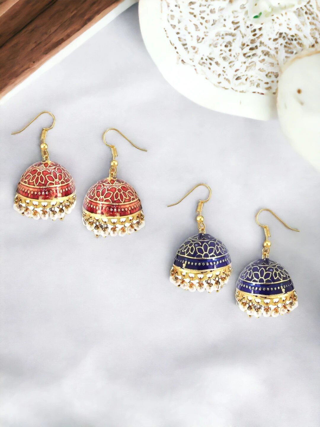 

9blings Set Of 2 Gold Plated Beaded Dome Shaped Meenakari Jhumkas, Maroon