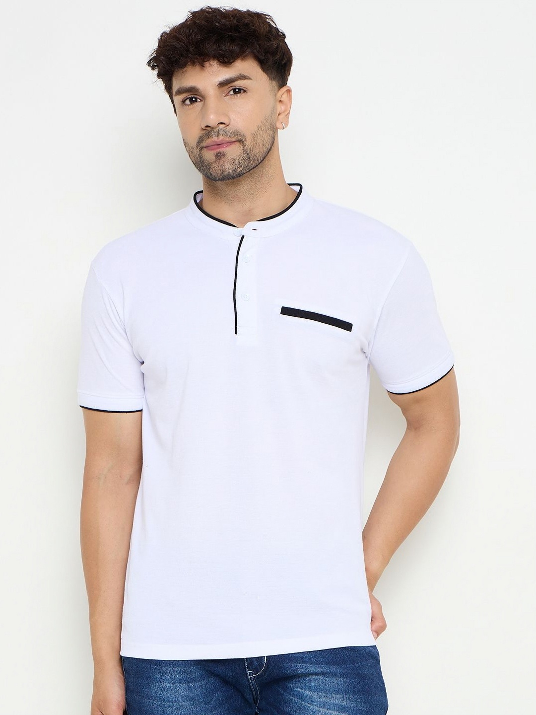 

Zigo Men Solid Mandarin Collar Cotton T-shirt, White
